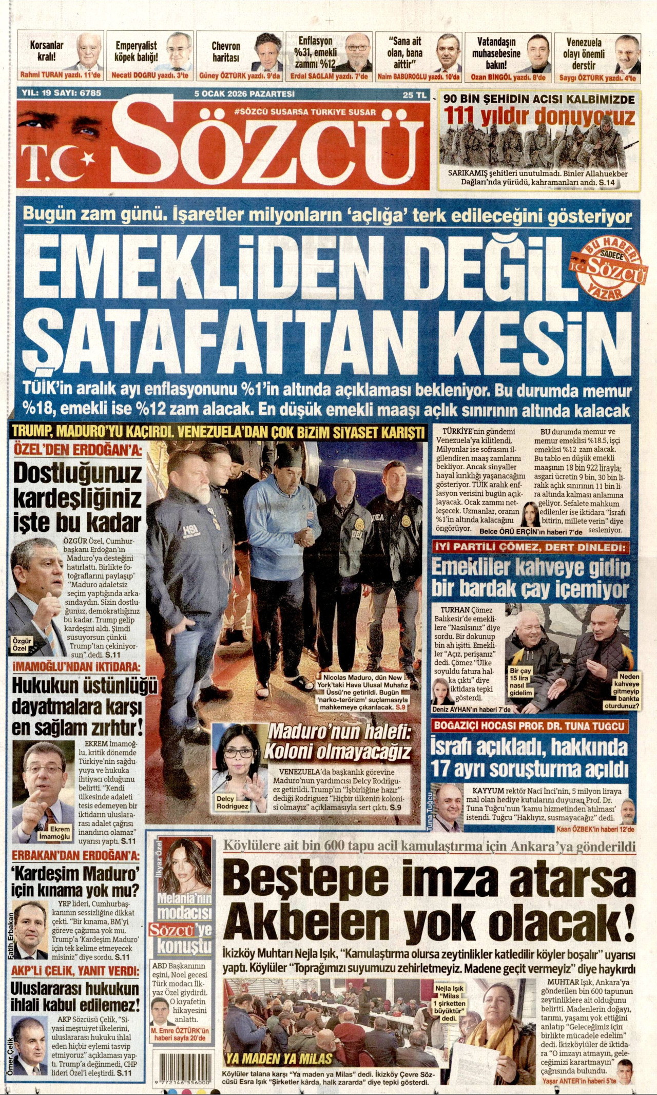 SÖZCÜ gazetesinin 5 Ocak 2026 tarihli birinci sayfası
