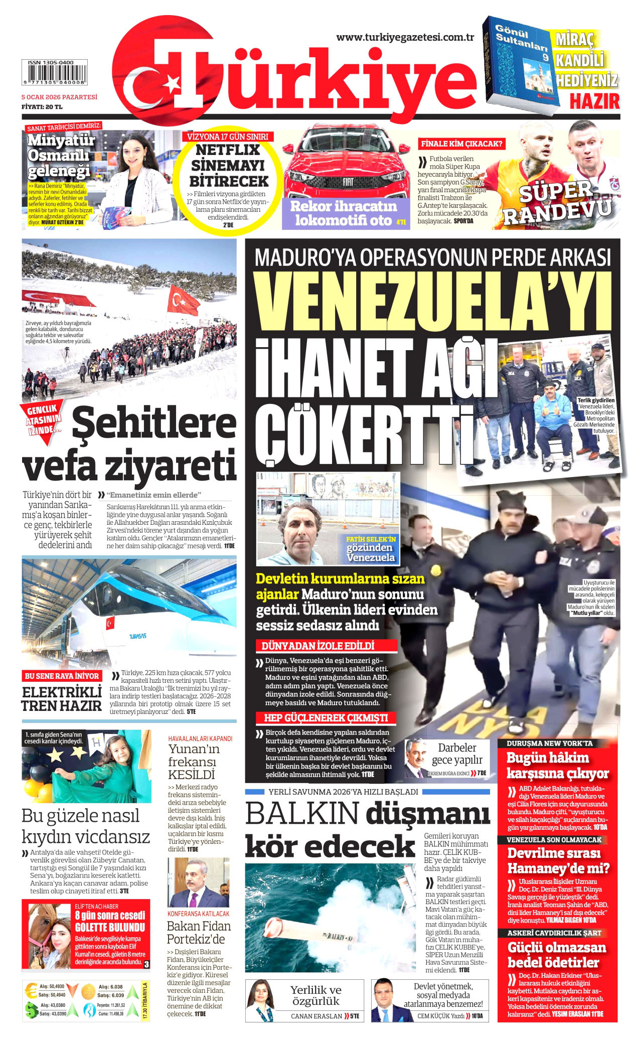TÜRKİYE GAZETESİ gazetesinin 5 Ocak 2026 tarihli birinci sayfası