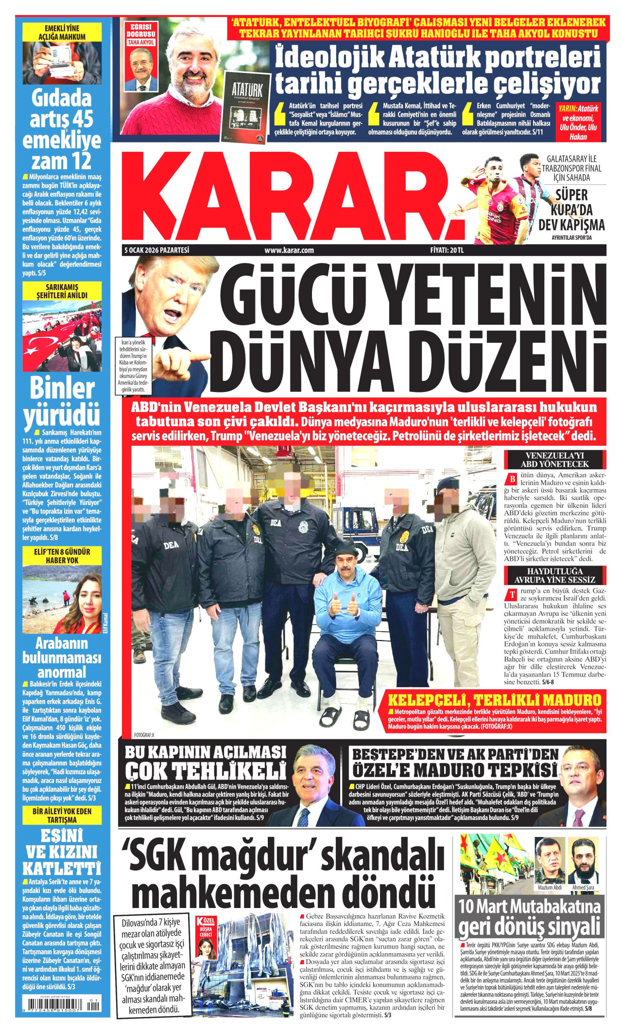 KARAR gazetesinin 5 Ocak 2026 tarihli birinci sayfası