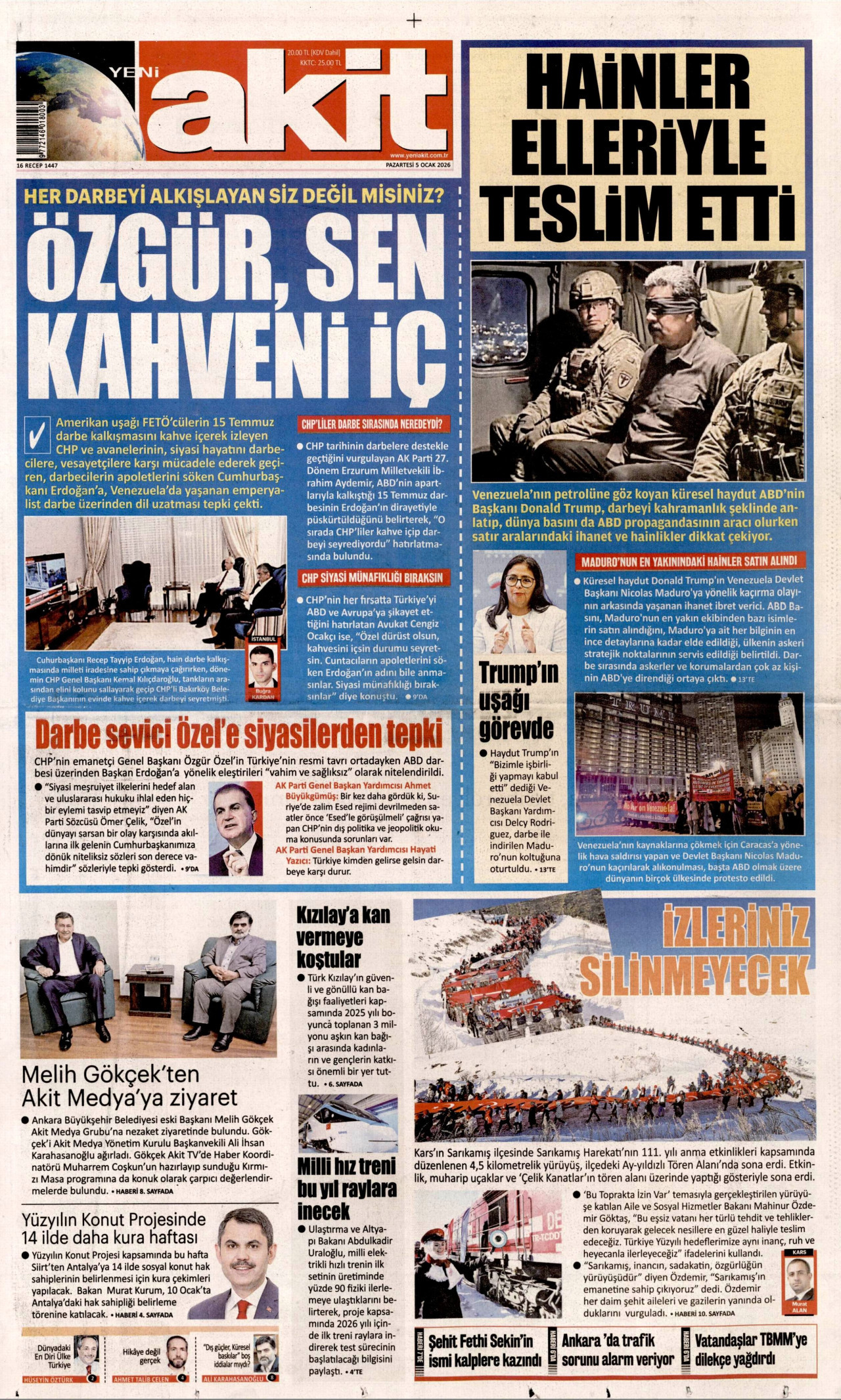 YENİ AKİT gazetesinin 5 Ocak 2026 tarihli birinci sayfası