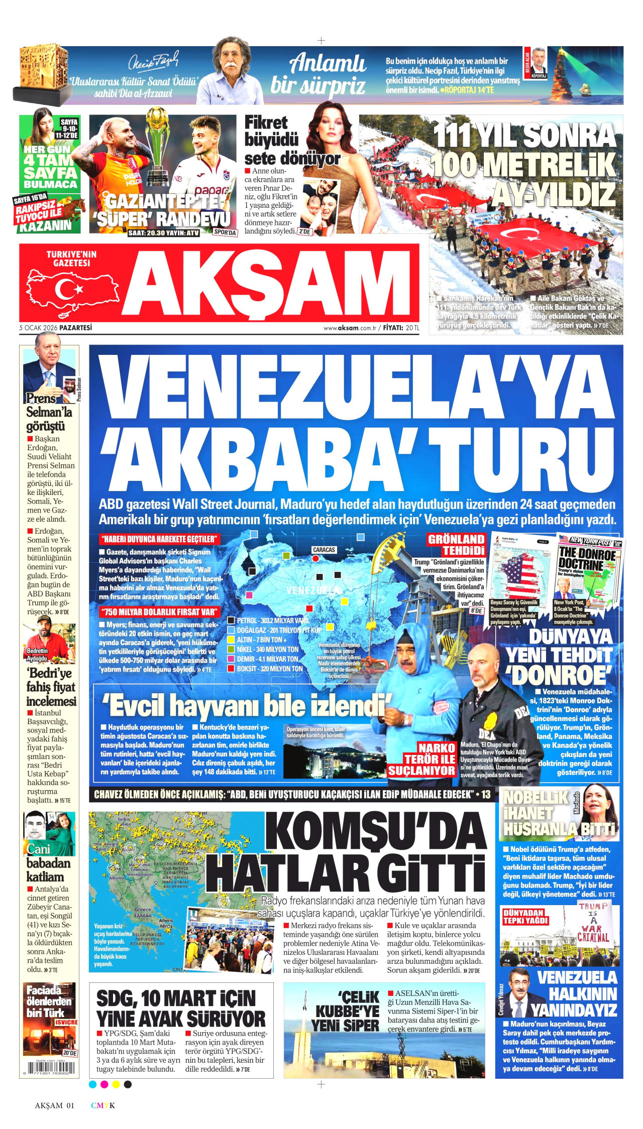 AKŞAM gazetesinin 5 Ocak 2026 tarihli birinci sayfası