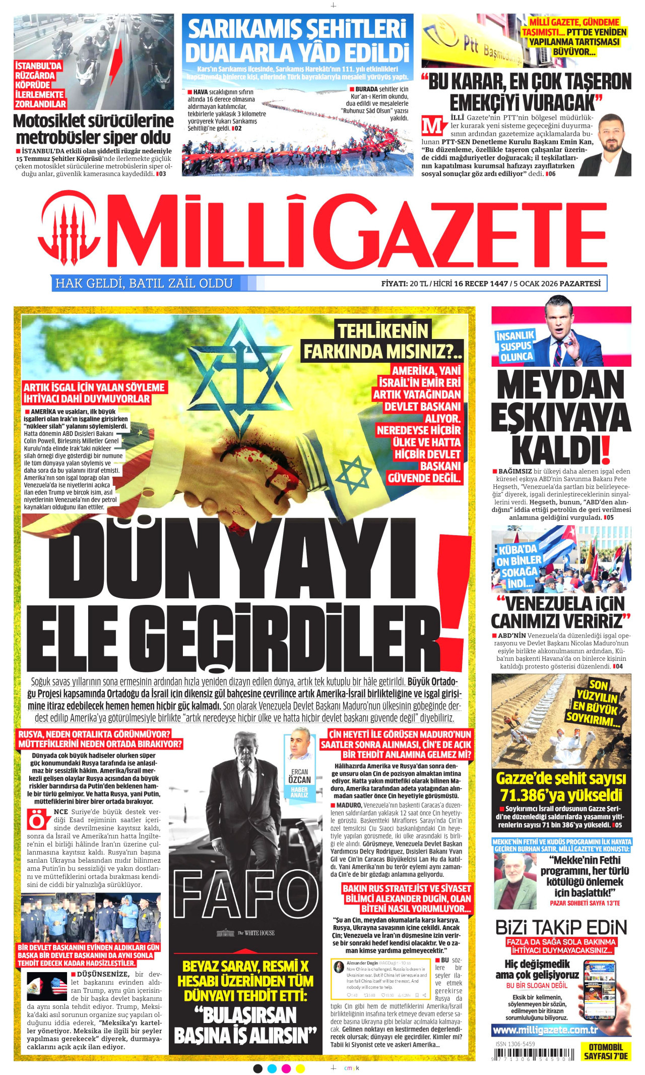 MİLLİ GAZETE gazetesinin 5 Ocak 2026 tarihli birinci sayfası