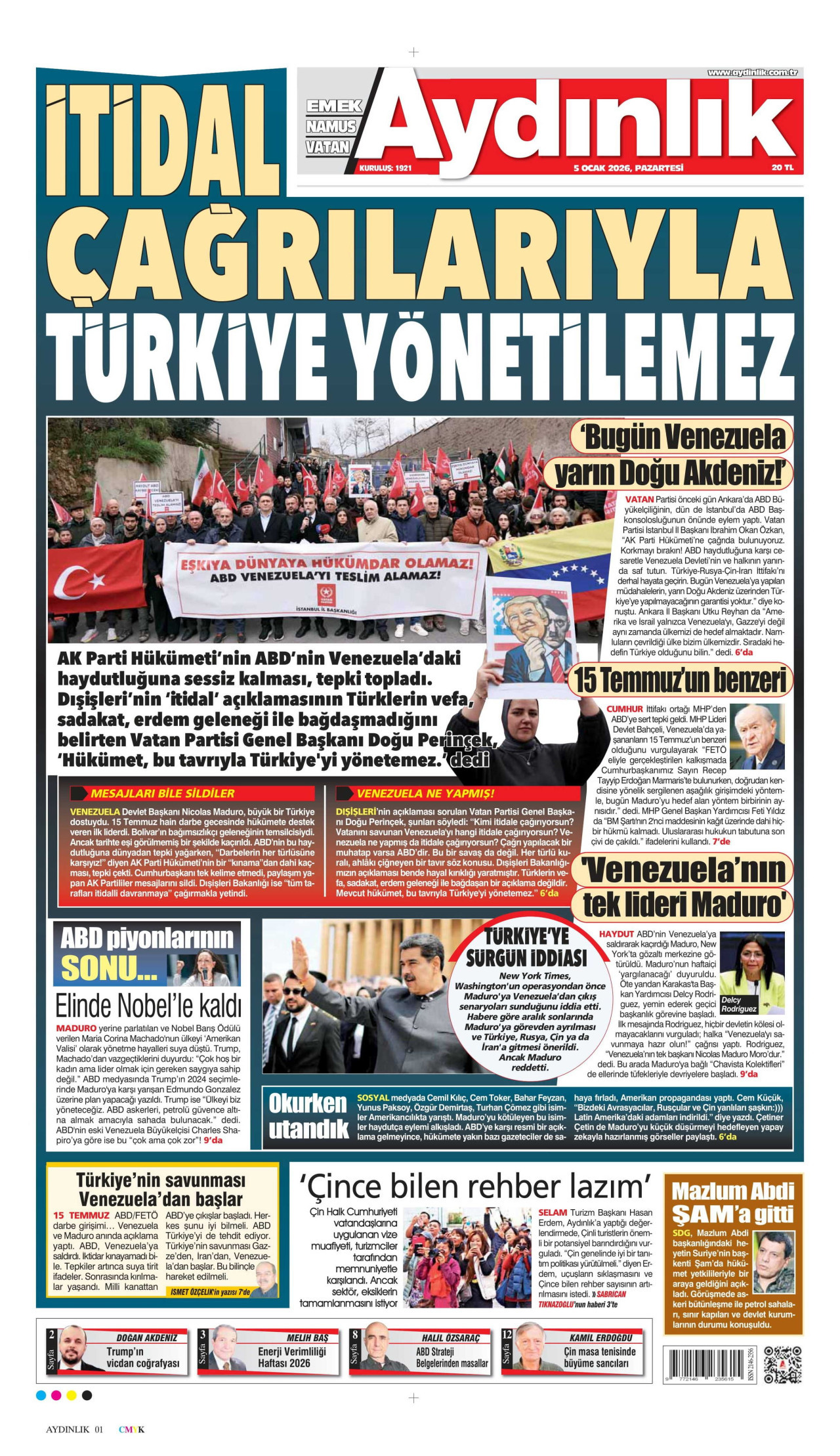 AYDINLIK GAZETESİ gazetesinin 5 Ocak 2026 tarihli birinci sayfası