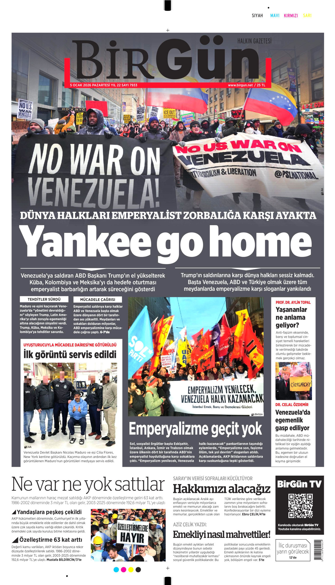 BİRGÜN gazetesinin 5 Ocak 2026 tarihli birinci sayfası