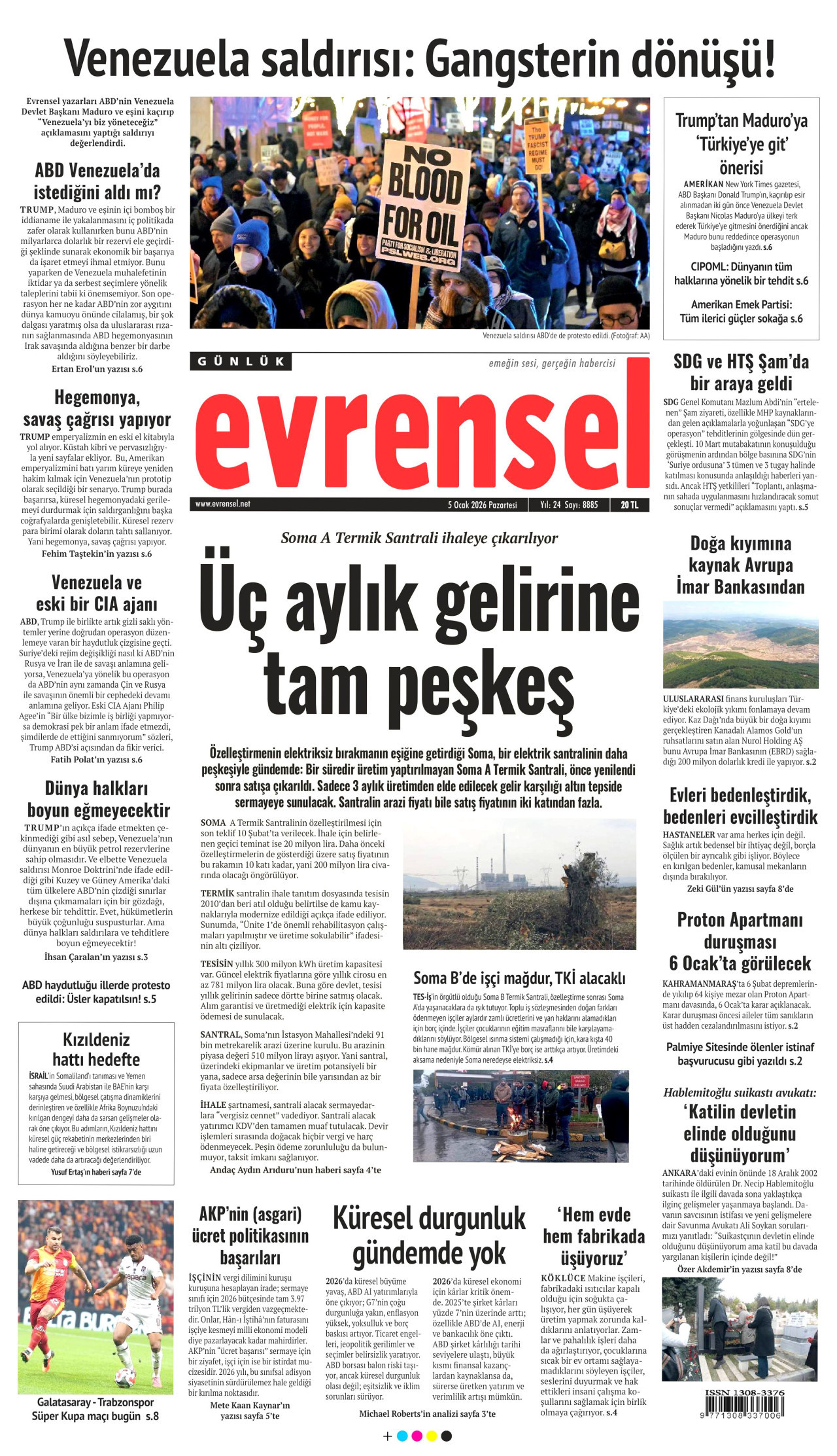EVRENSEL gazetesinin 5 Ocak 2026 tarihli birinci sayfası