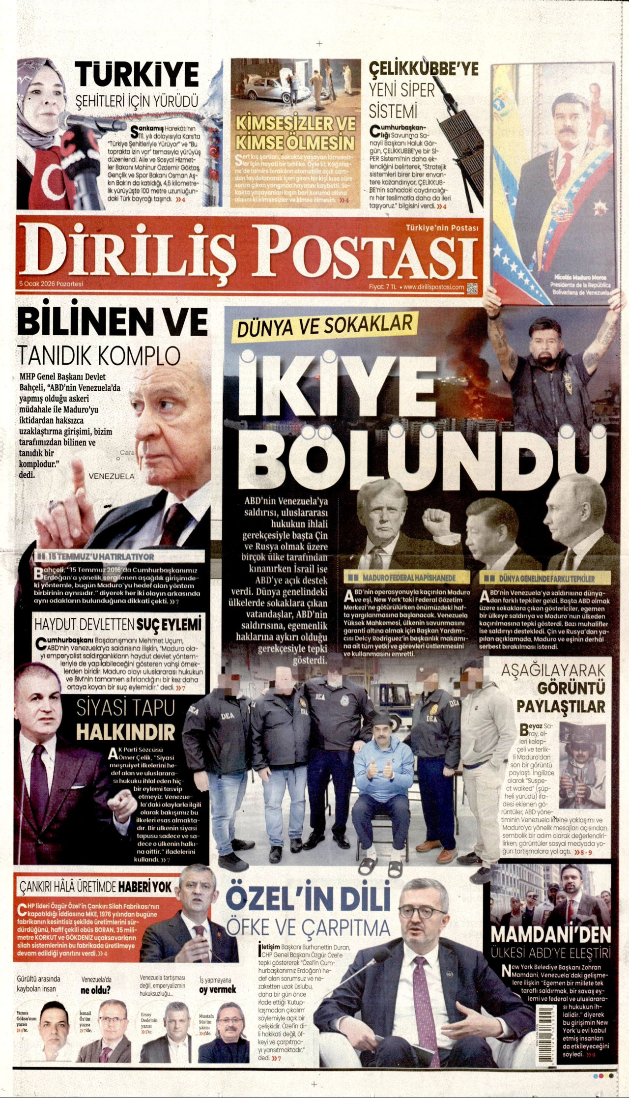 DİRİLİŞ POSTASI gazetesinin 5 Ocak 2026 tarihli birinci sayfası