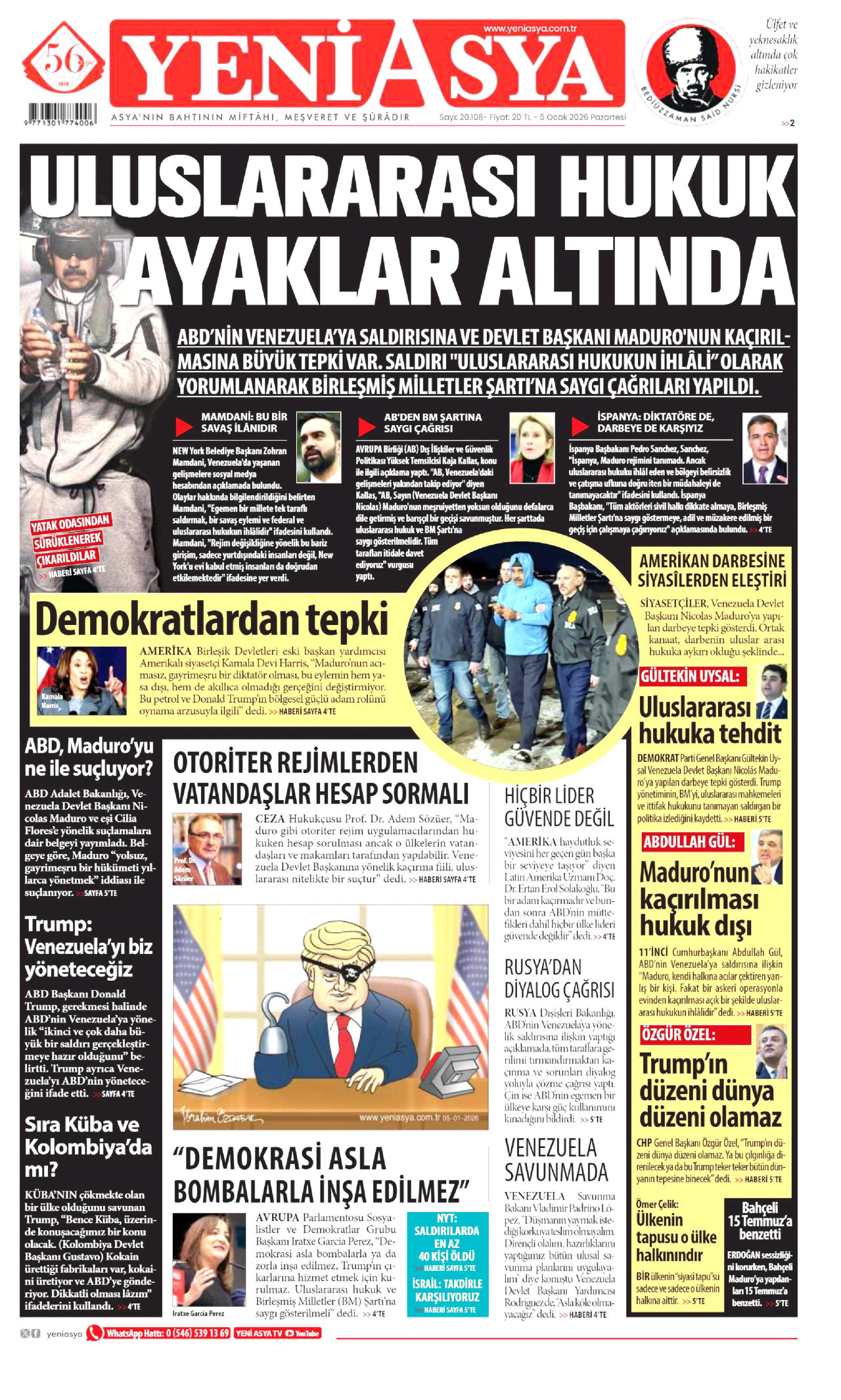 YENİ ASYA gazetesinin 5 Ocak 2026 tarihli birinci sayfası