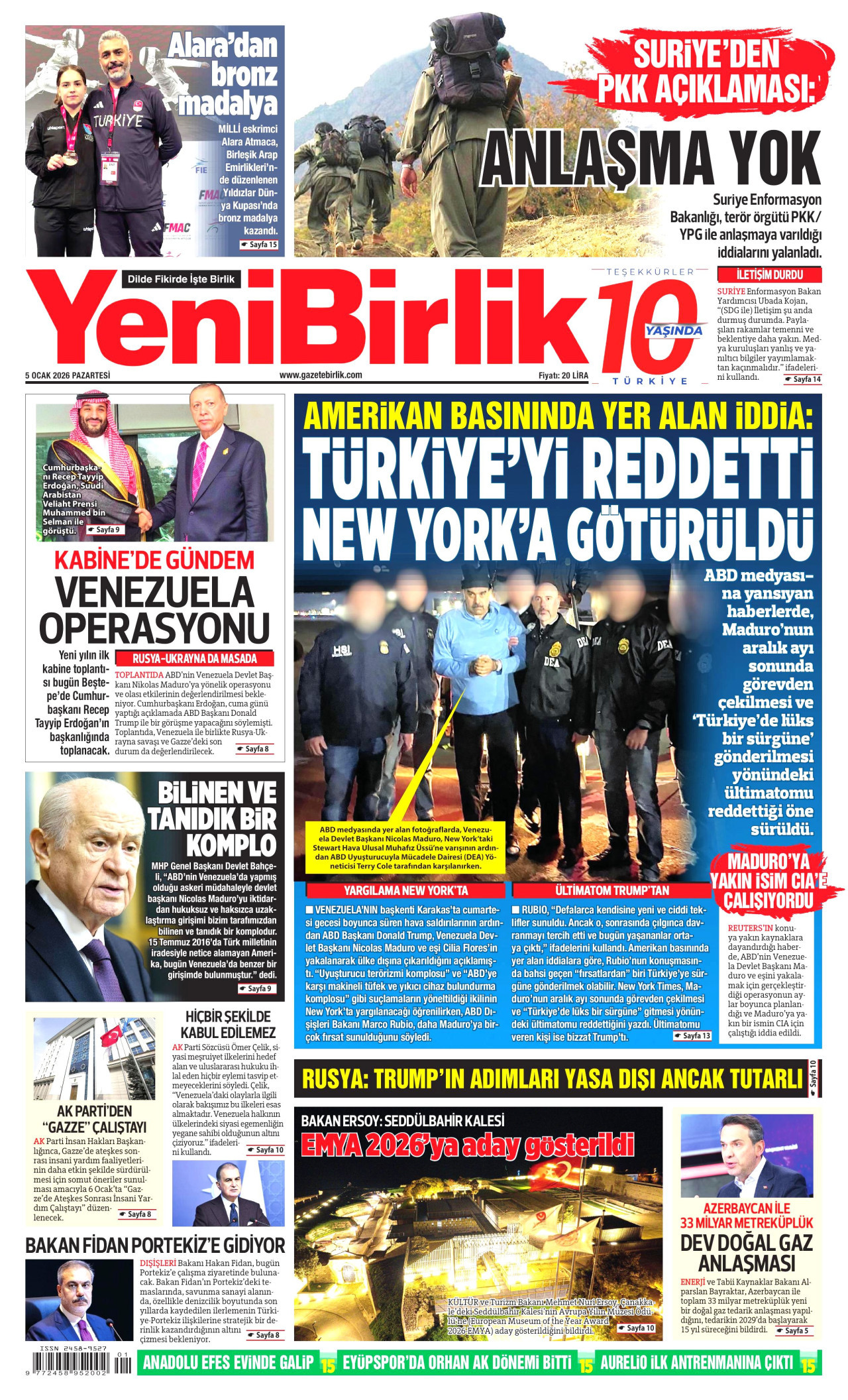 YENİBİRLİK gazetesinin 5 Ocak 2026 tarihli birinci sayfası