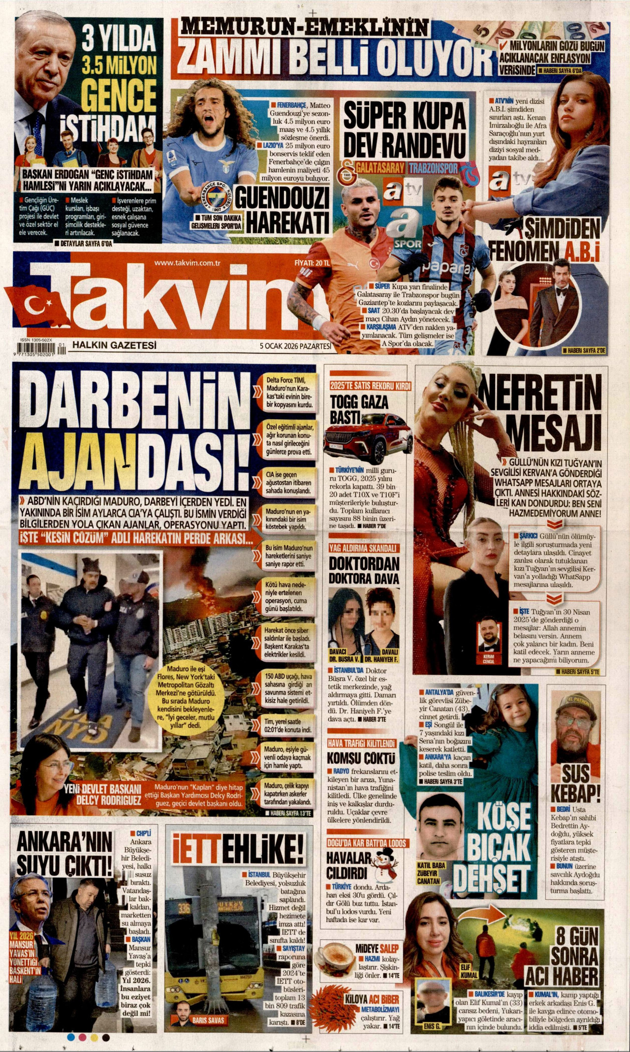 TAKVİM gazetesinin 5 Ocak 2026 tarihli birinci sayfası