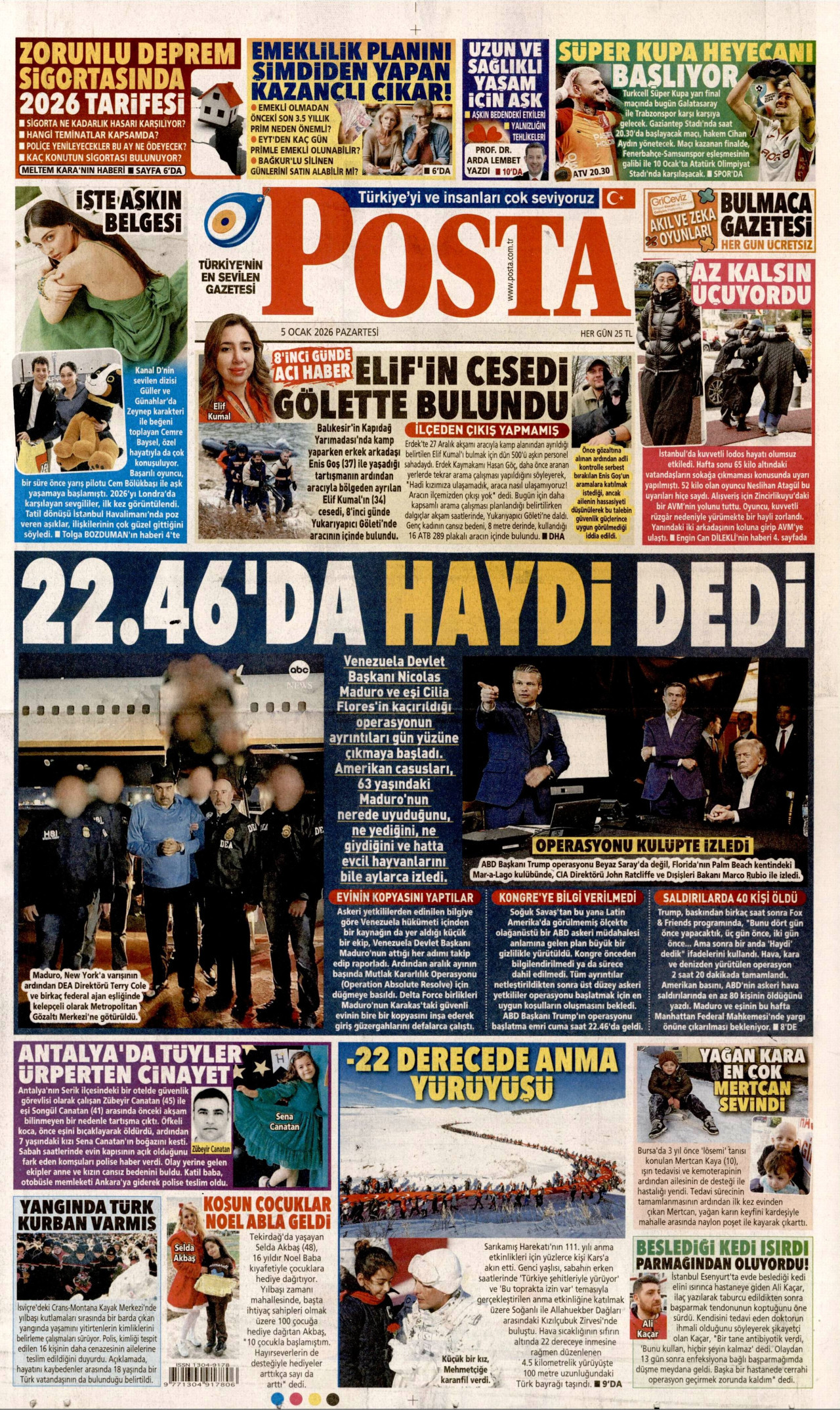 POSTA gazetesinin 5 Ocak 2026 tarihli birinci sayfası