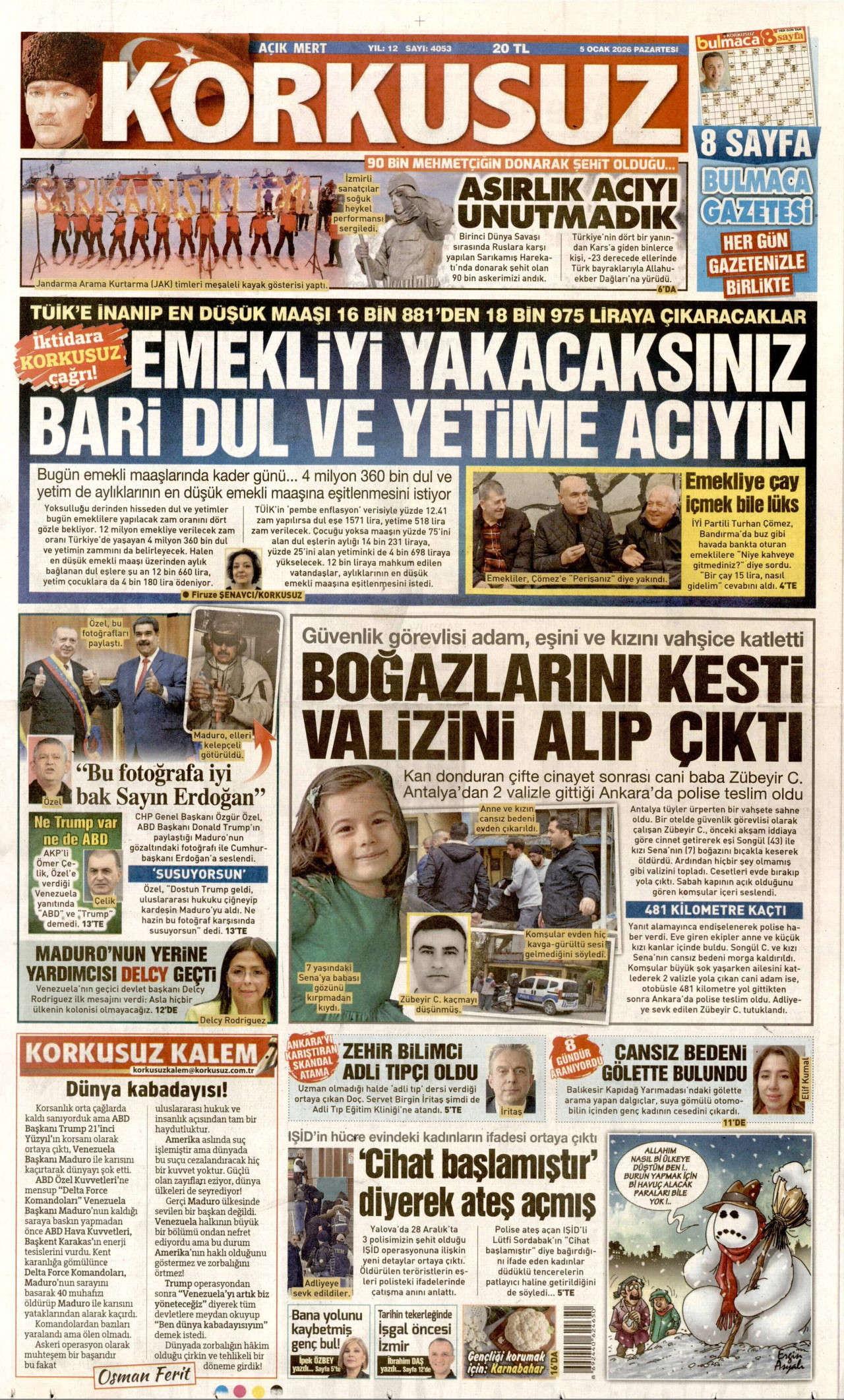 KORKUSUZ gazetesinin 5 Ocak 2026 tarihli birinci sayfası