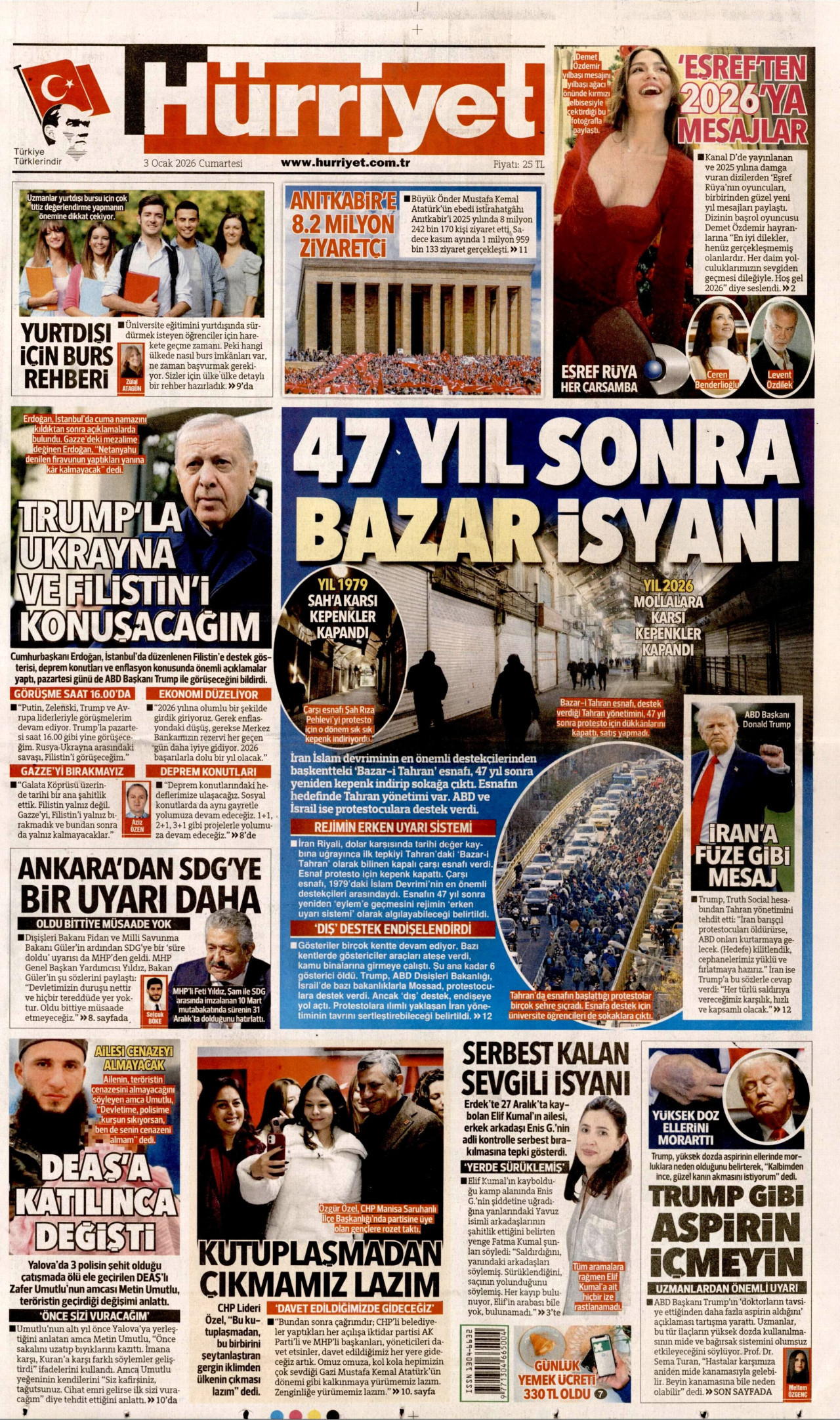 HÜRRİYET gazetesinin 3 Ocak 2026 tarihli birinci sayfası