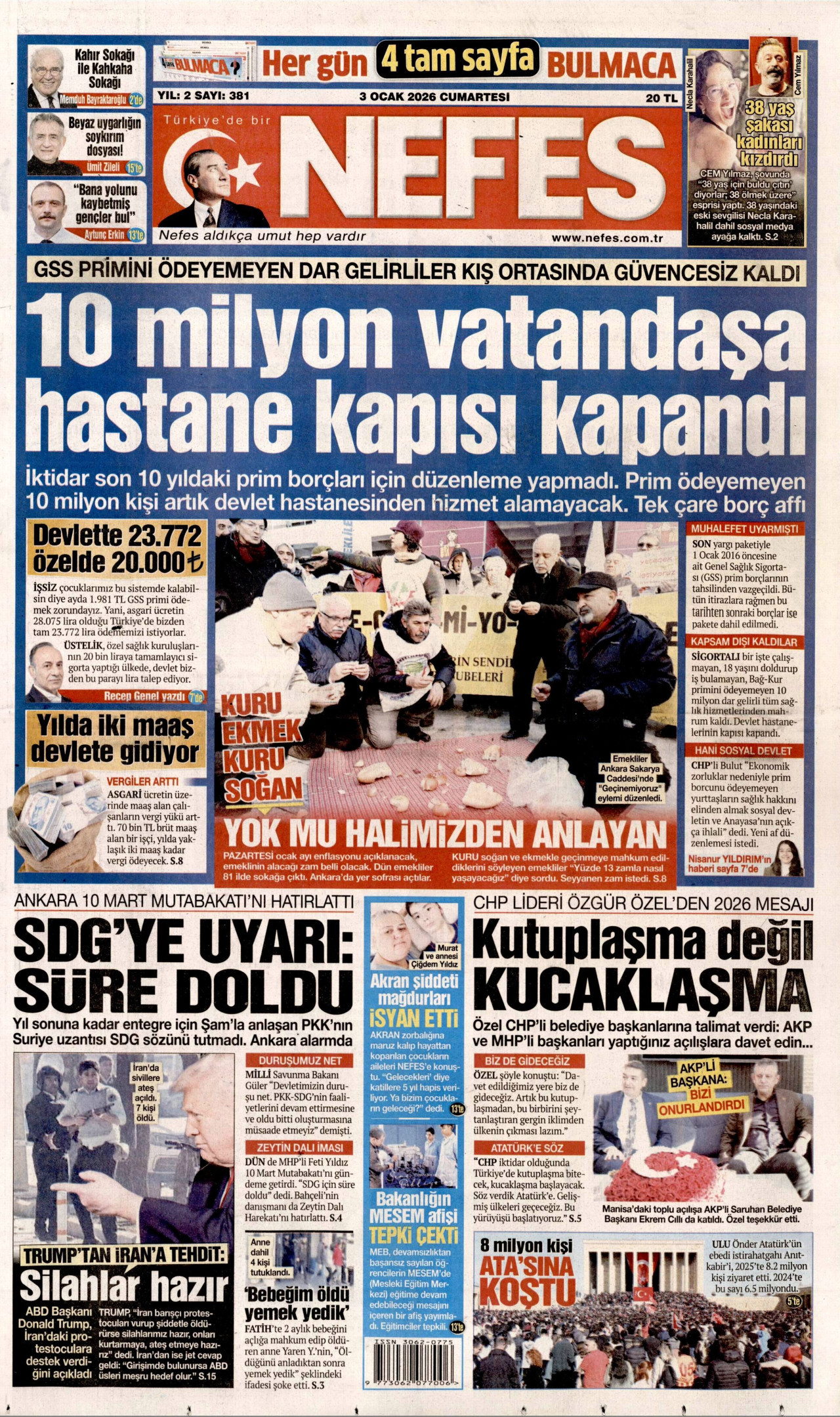 NEFES gazetesinin 3 Ocak 2026 tarihli birinci sayfası