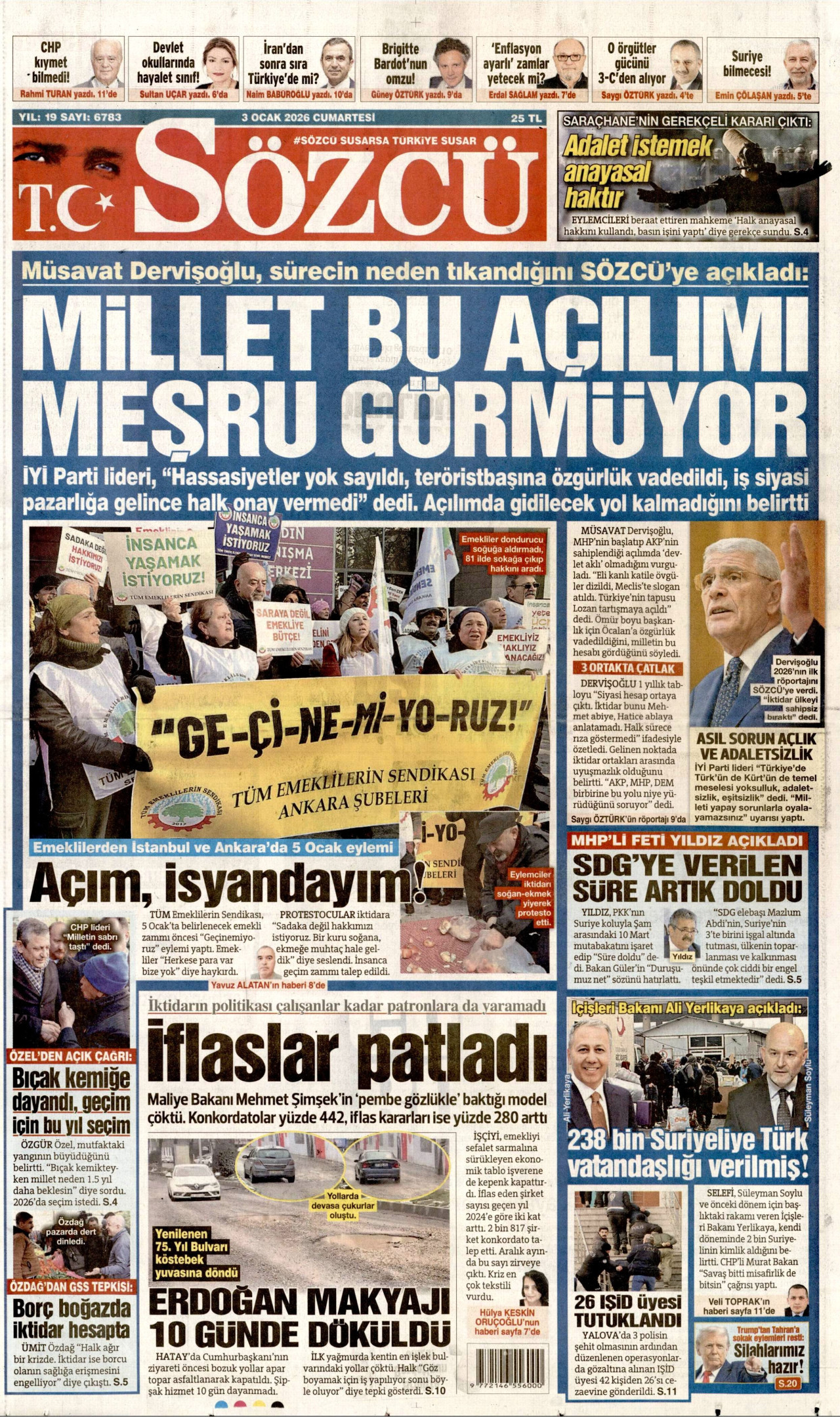 SÖZCÜ gazetesinin 3 Ocak 2026 tarihli birinci sayfası