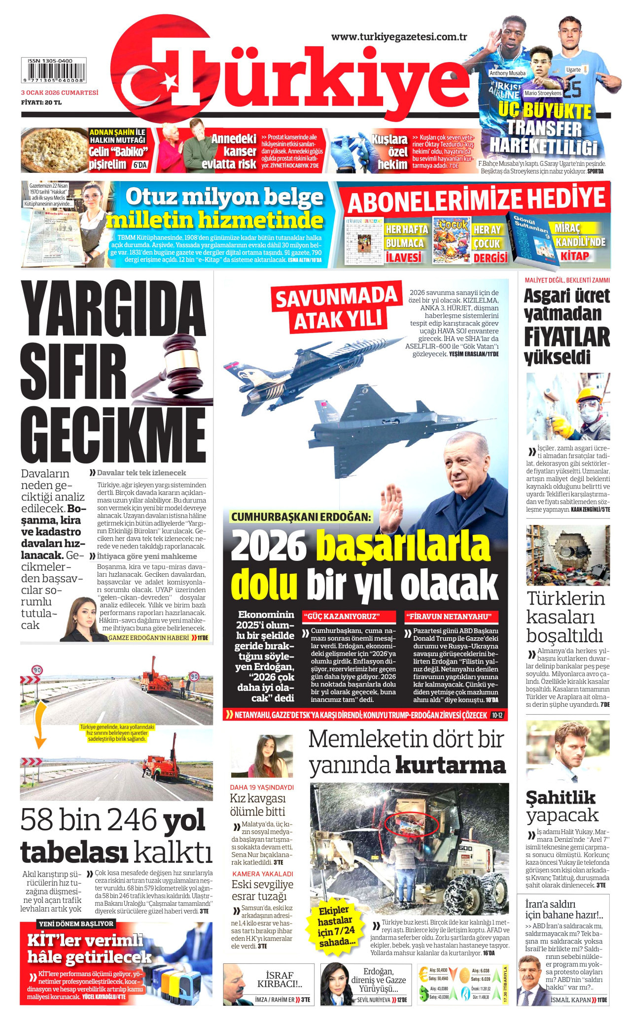 TÜRKİYE GAZETESİ gazetesinin 3 Ocak 2026 tarihli birinci sayfası