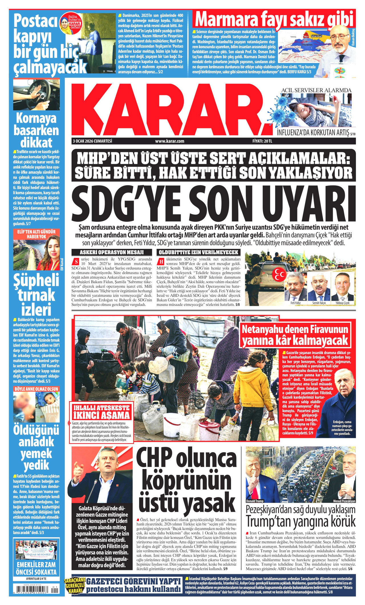 KARAR gazetesinin 3 Ocak 2026 tarihli birinci sayfası