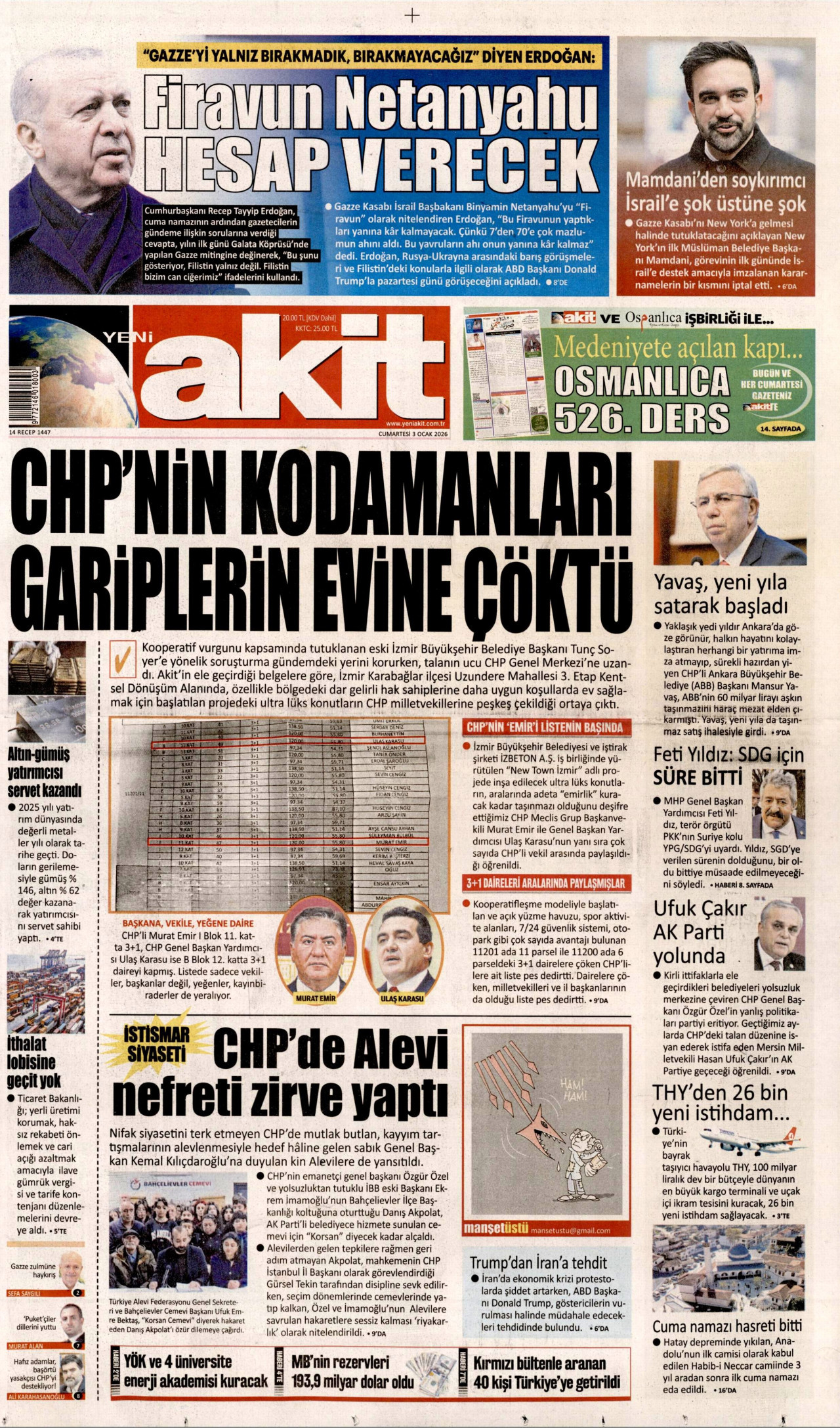 YENİ AKİT gazetesinin 3 Ocak 2026 tarihli birinci sayfası