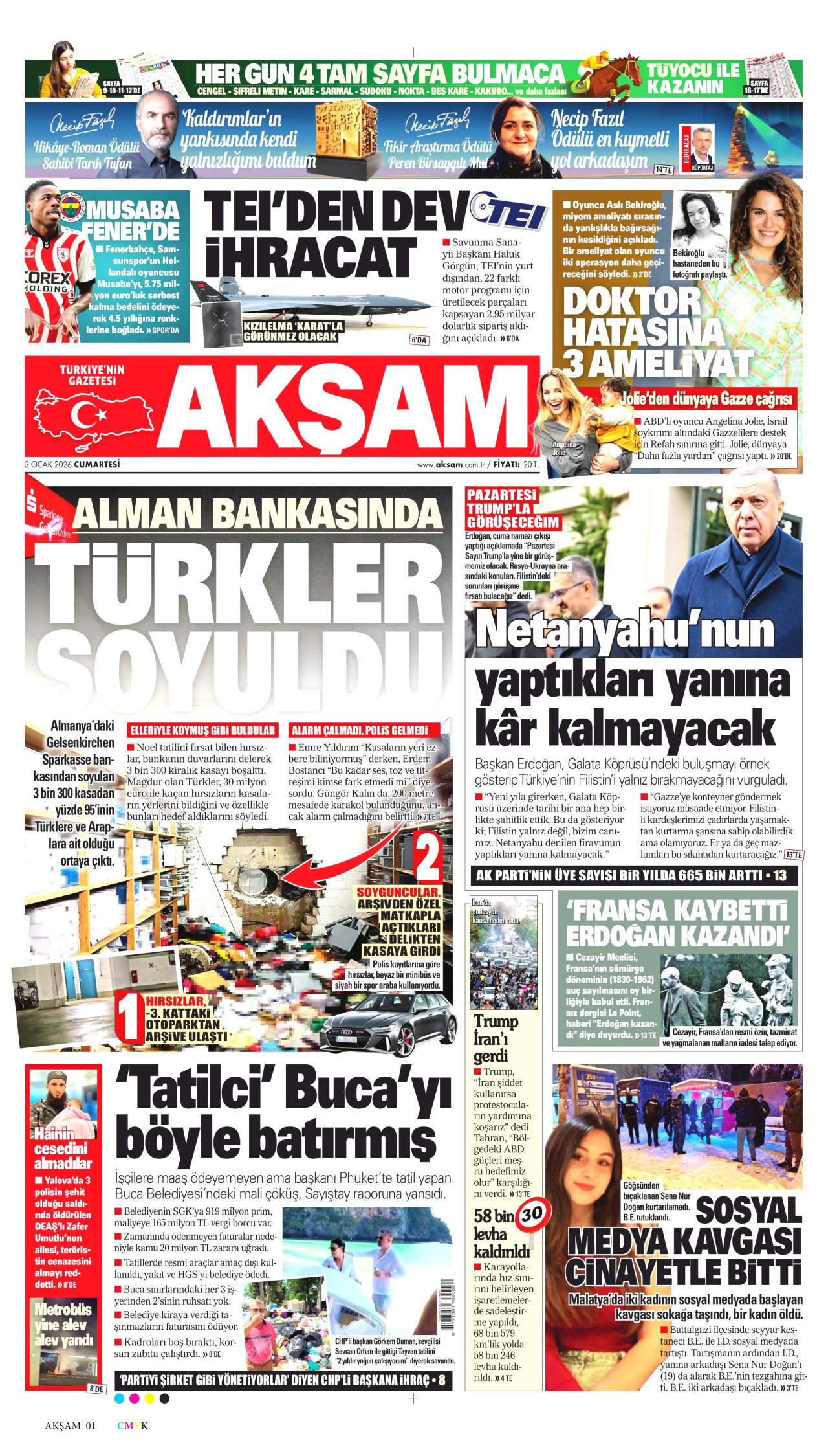 AKŞAM gazetesinin 3 Ocak 2026 tarihli birinci sayfası