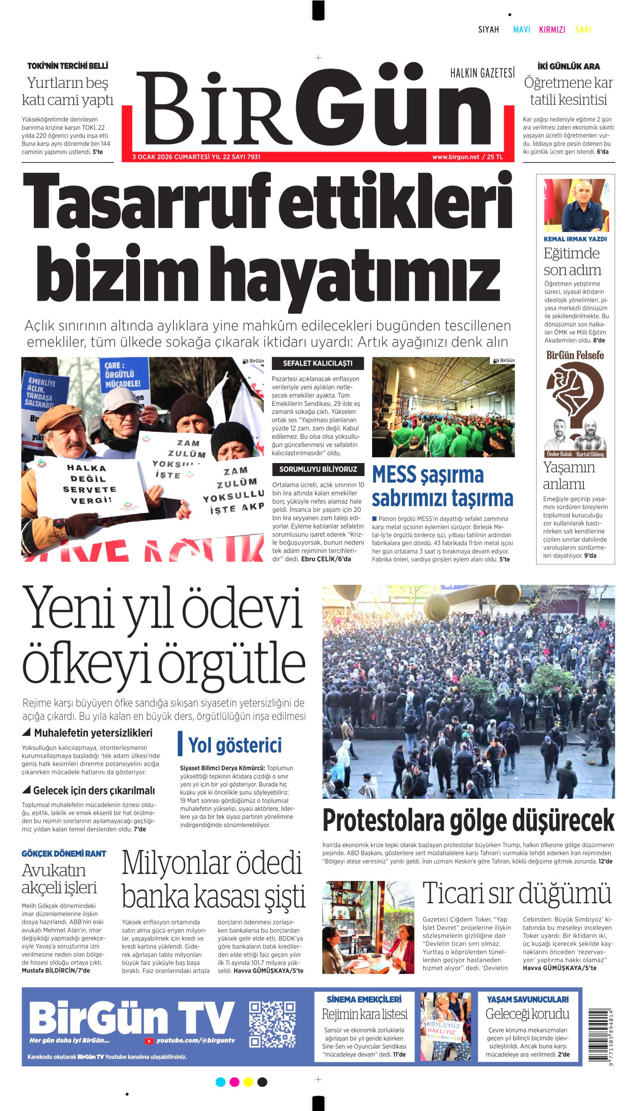BİRGÜN gazetesinin 3 Ocak 2026 tarihli birinci sayfası