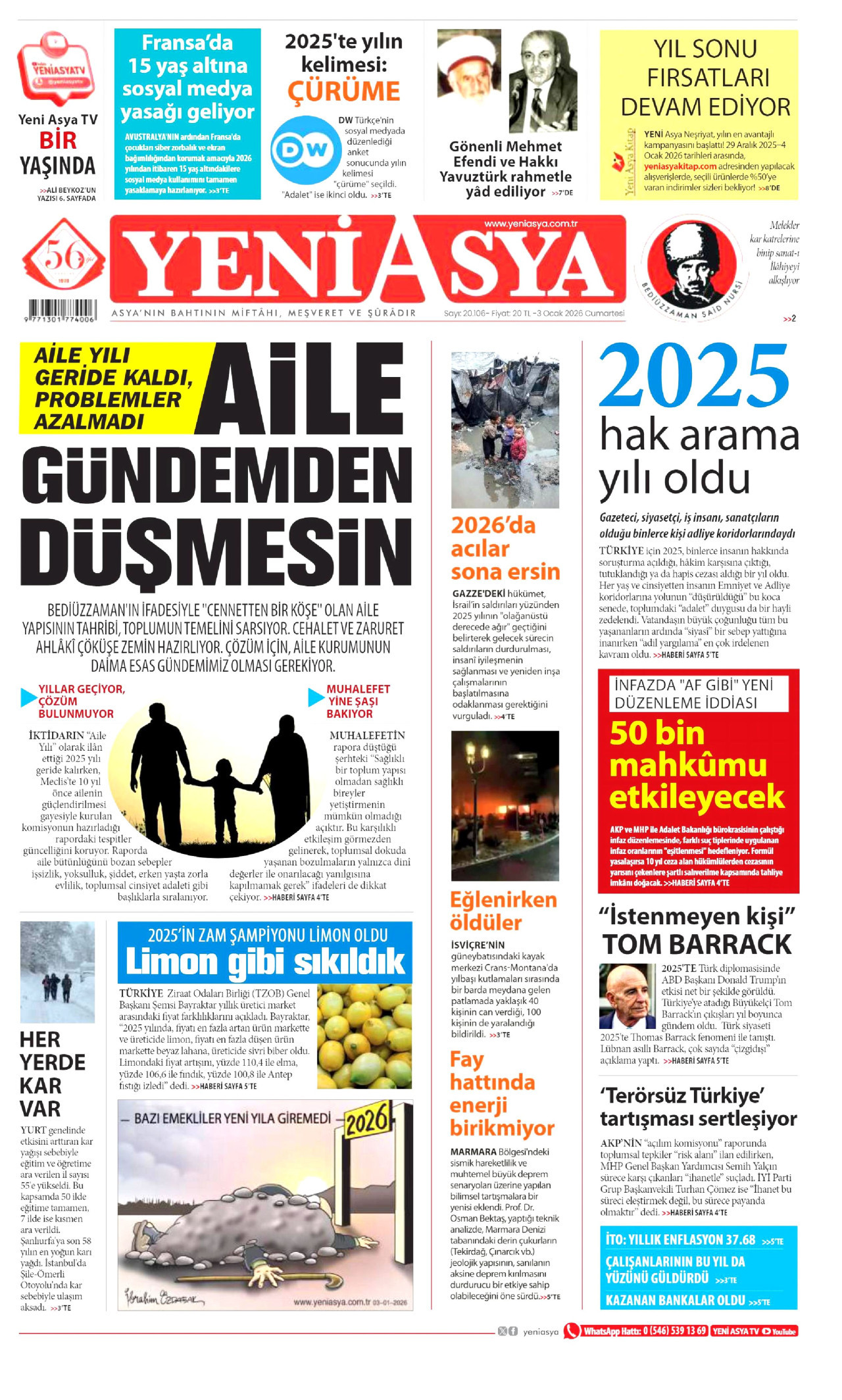 YENİ ASYA gazetesinin 3 Ocak 2026 tarihli birinci sayfası