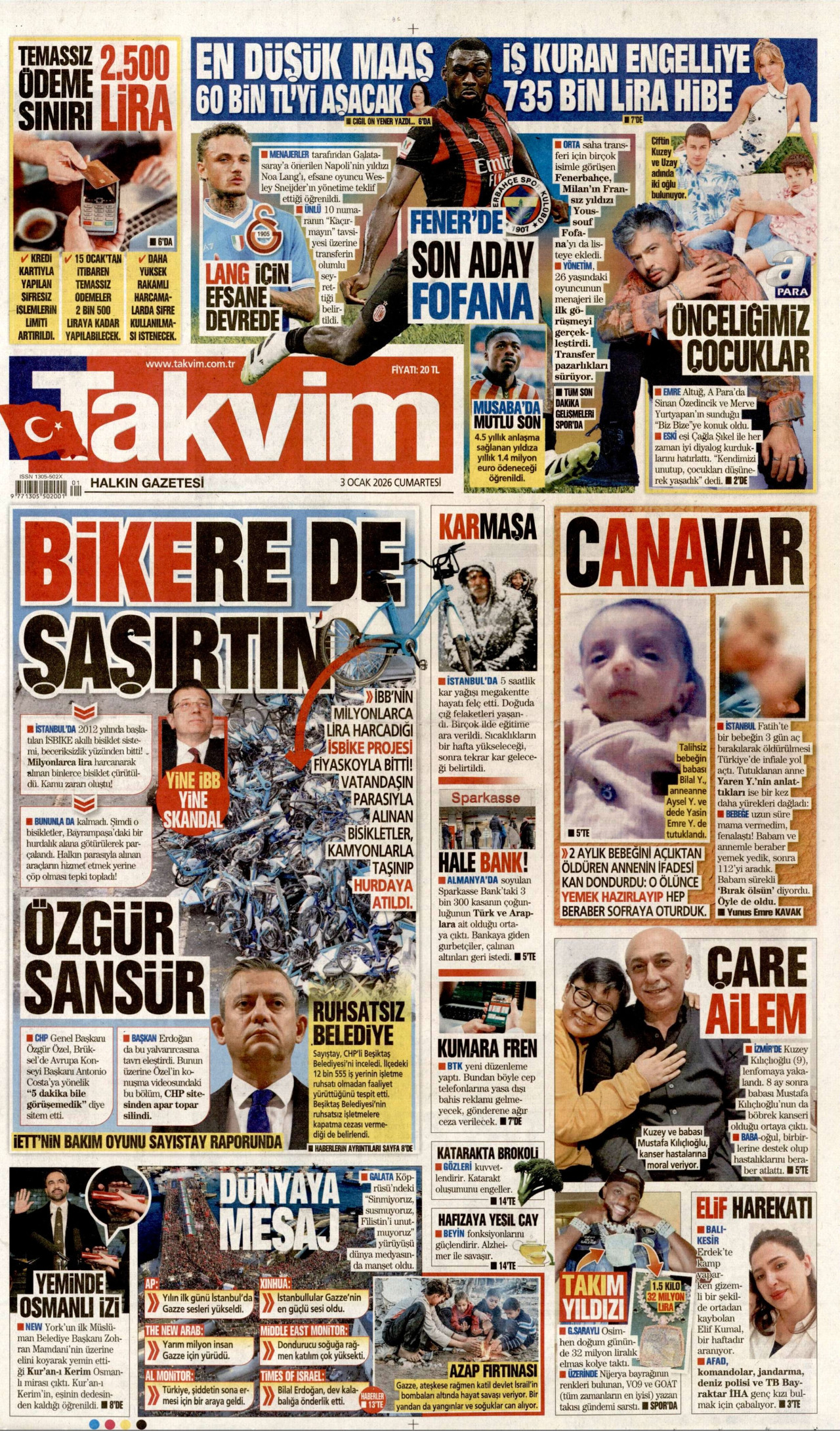 TAKVİM gazetesinin 3 Ocak 2026 tarihli birinci sayfası
