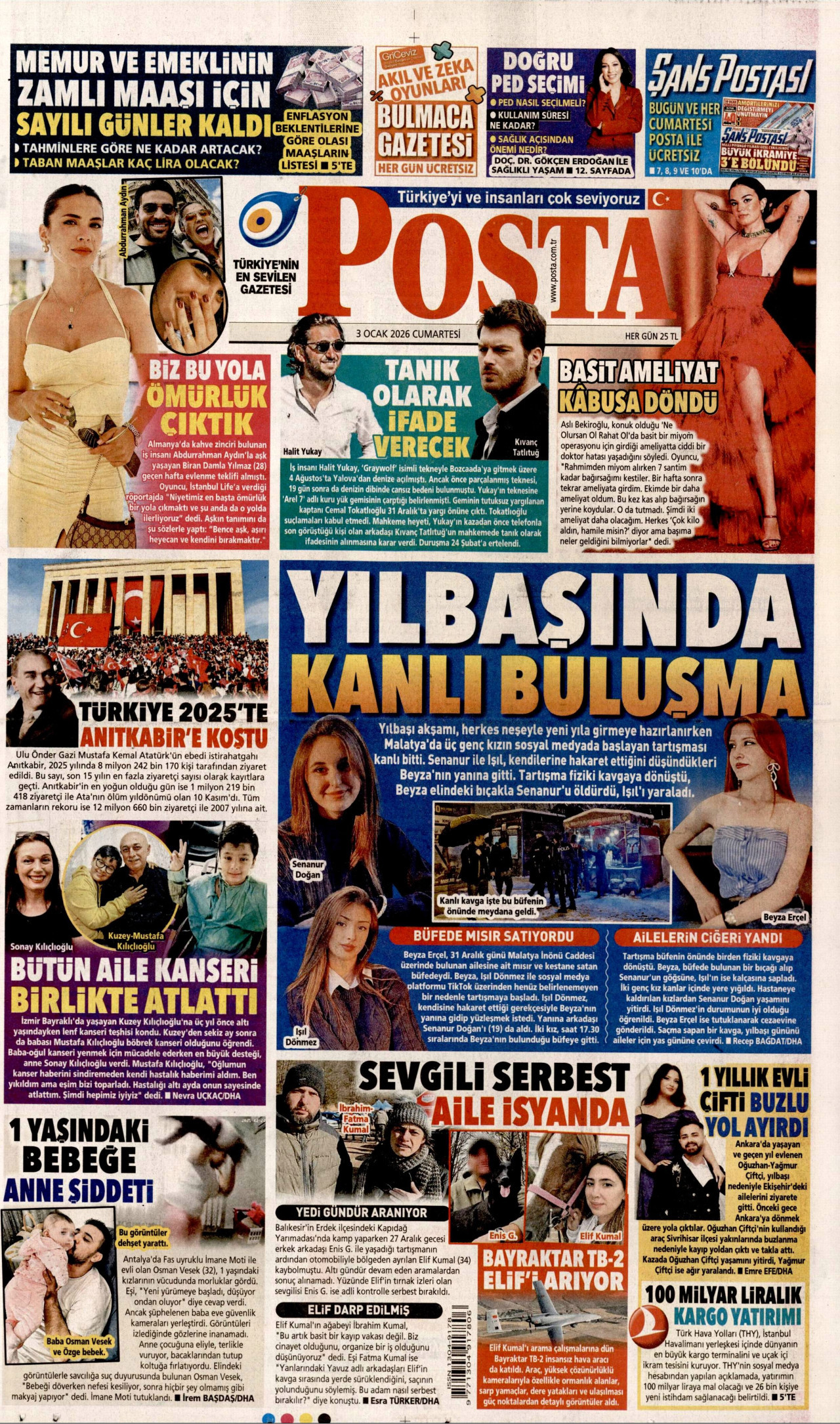POSTA gazetesinin 3 Ocak 2026 tarihli birinci sayfası