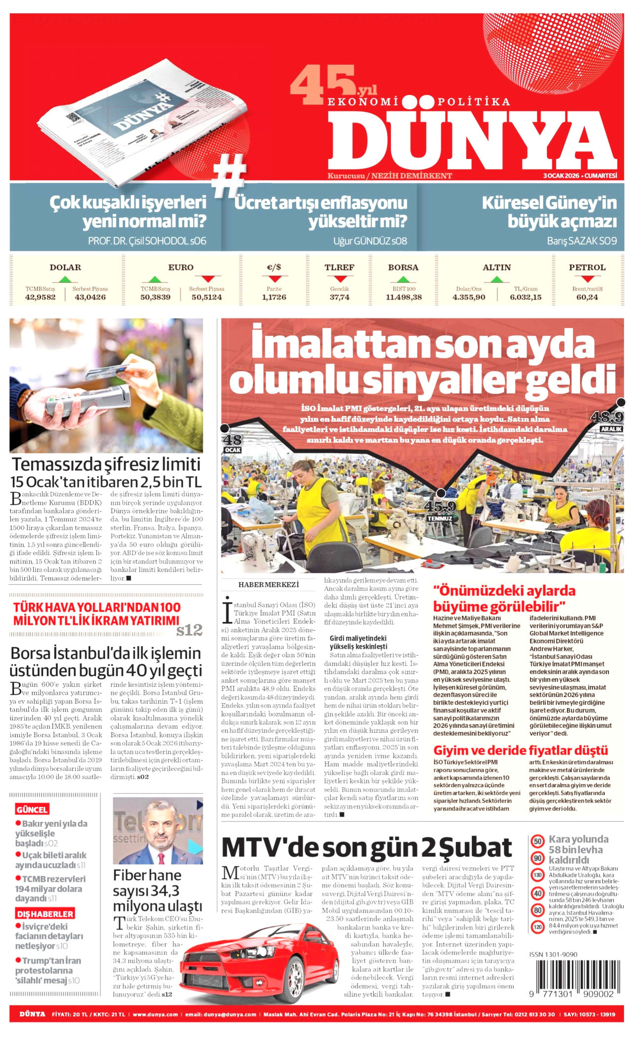 DÜNYA gazetesinin 3 Ocak 2026 tarihli birinci sayfası