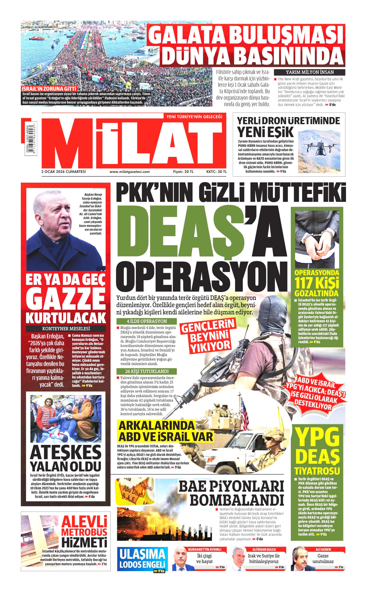 MİLAT gazetesinin 3 Ocak 2026 tarihli birinci sayfası