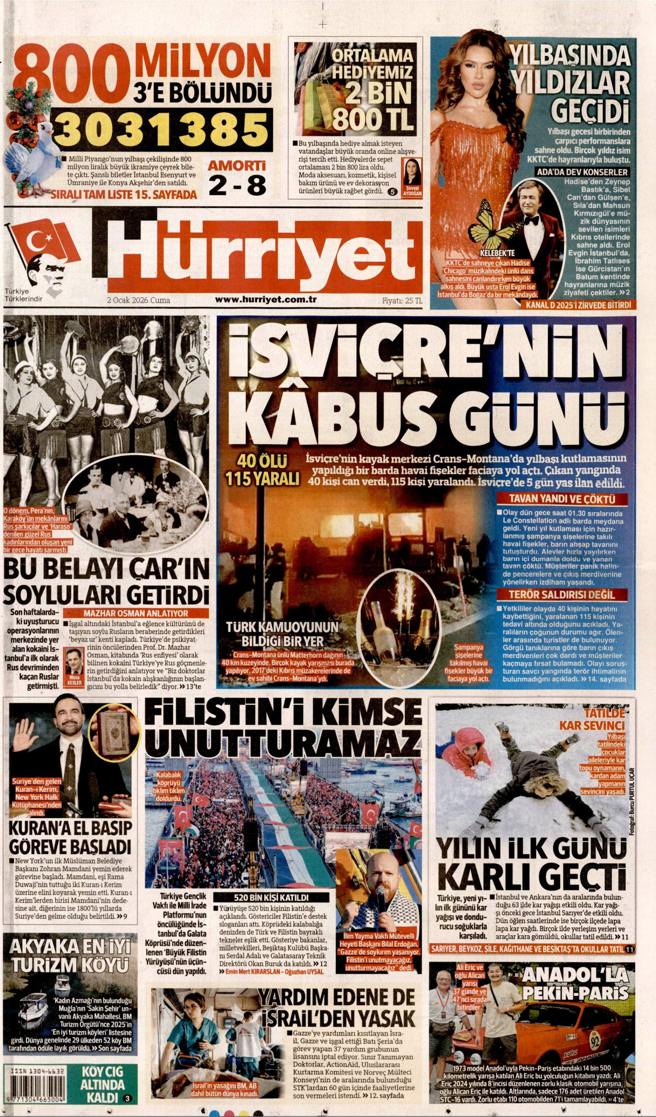 HÜRRİYET gazetesinin 2 Ocak 2026 tarihli birinci sayfası