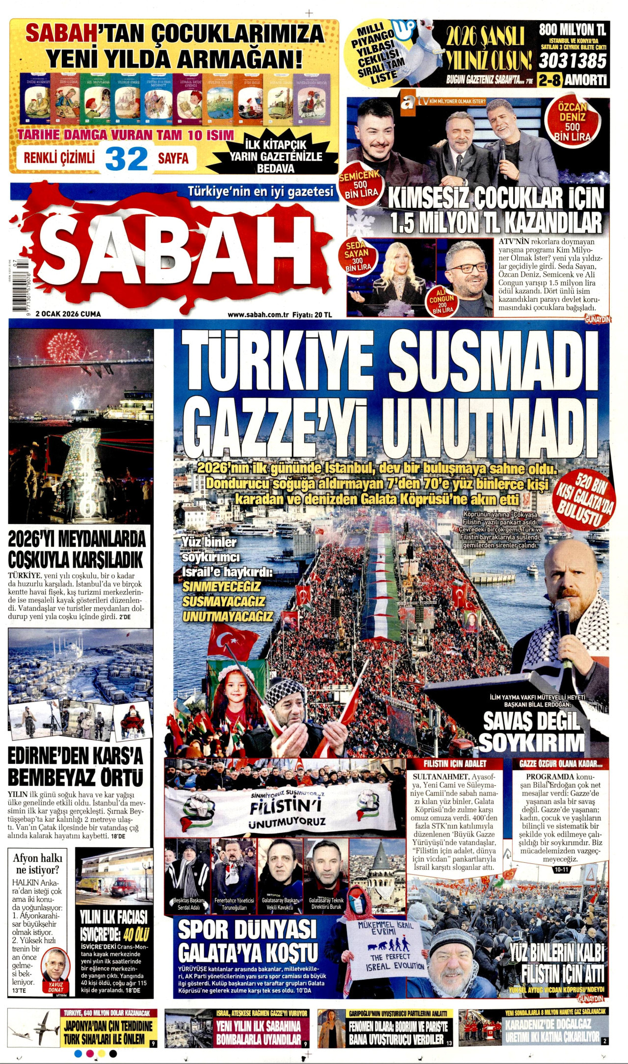 SABAH gazetesinin 2 Ocak 2026 tarihli birinci sayfası