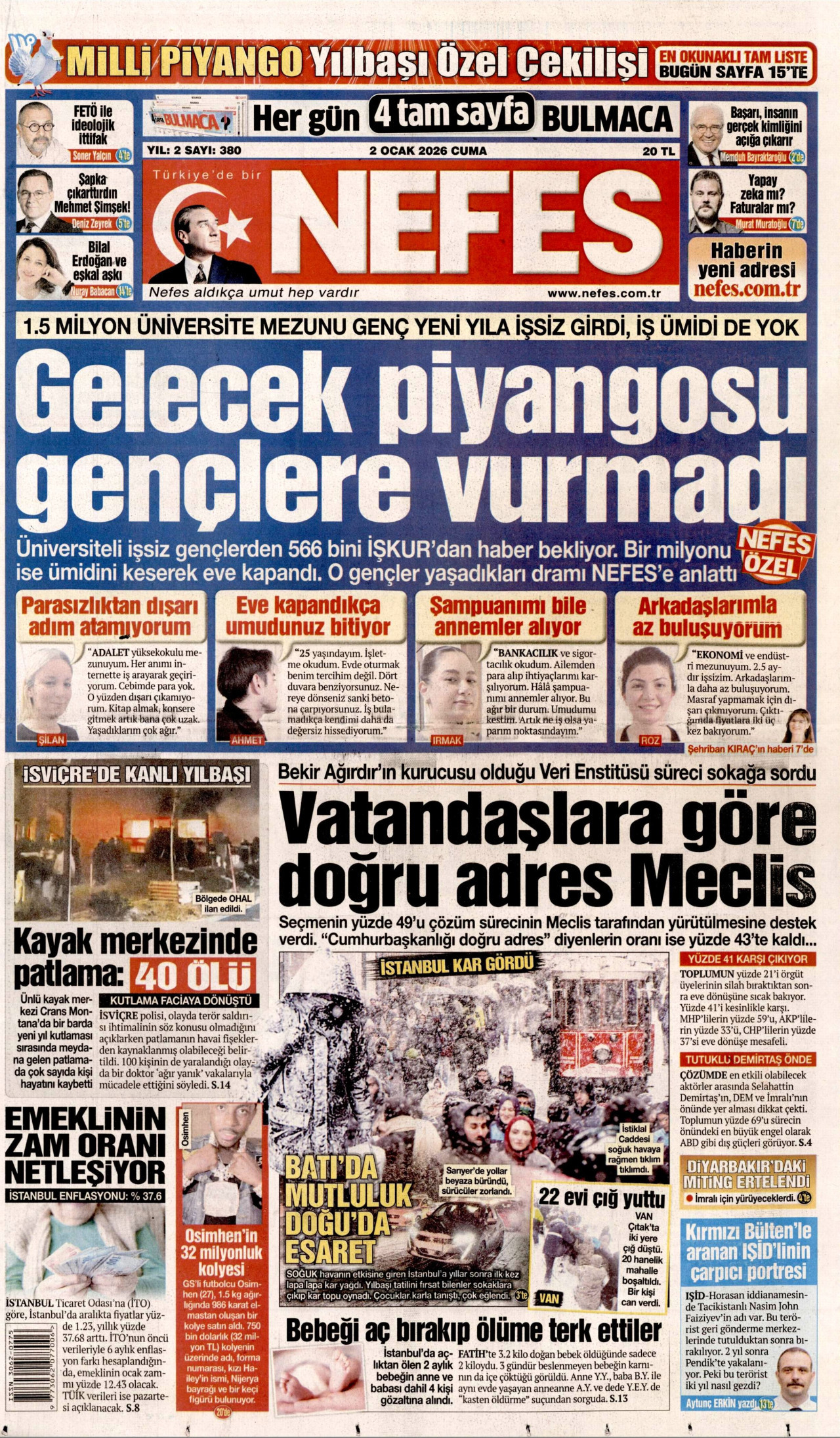 NEFES gazetesinin 2 Ocak 2026 tarihli birinci sayfası