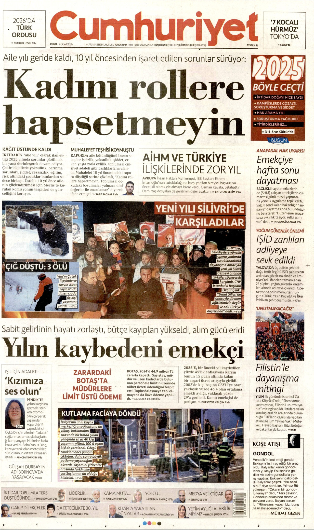 CUMHURİYET gazetesinin 2 Ocak 2026 tarihli birinci sayfası
