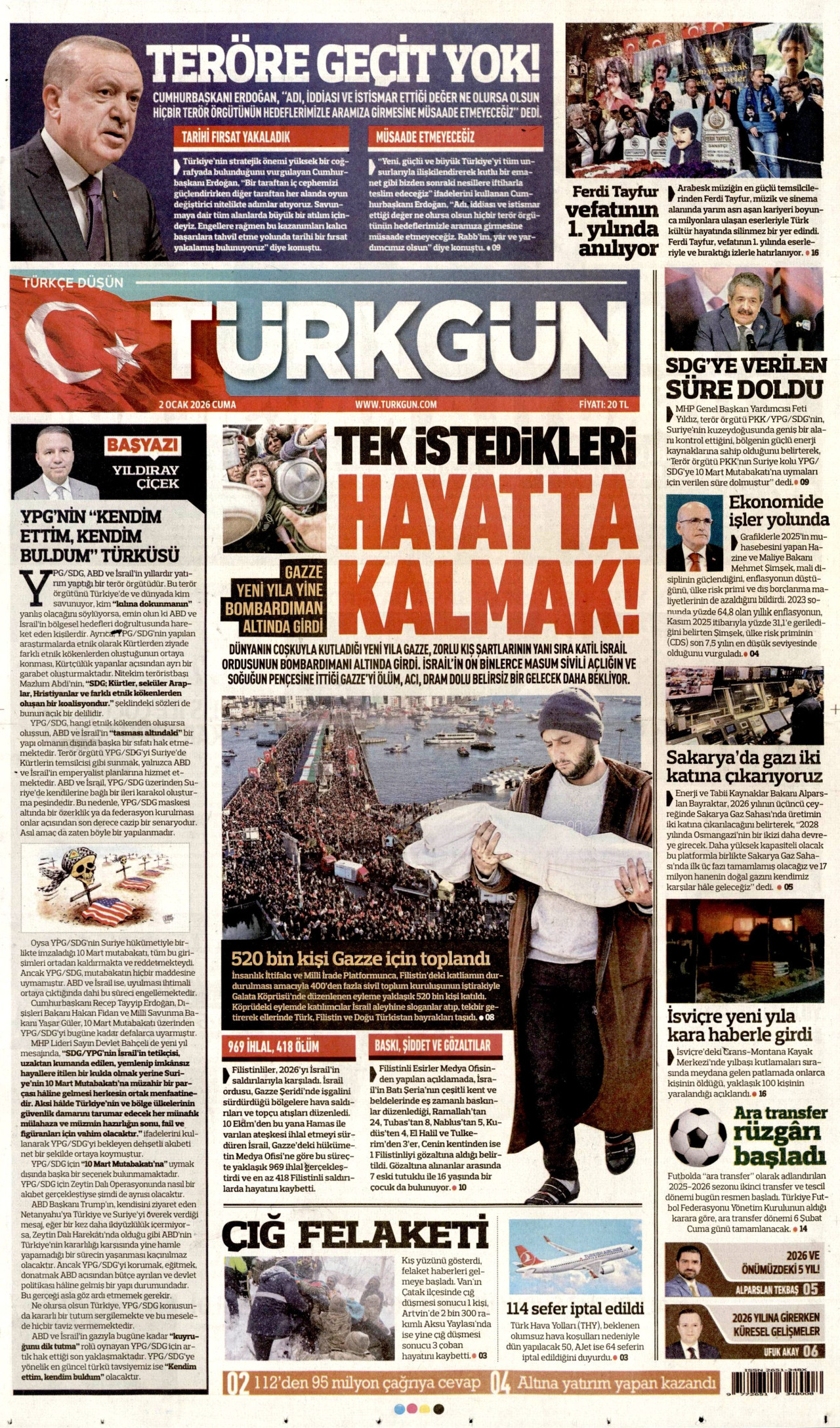 TÜRKGÜN gazetesinin 2 Ocak 2026 tarihli birinci sayfası
