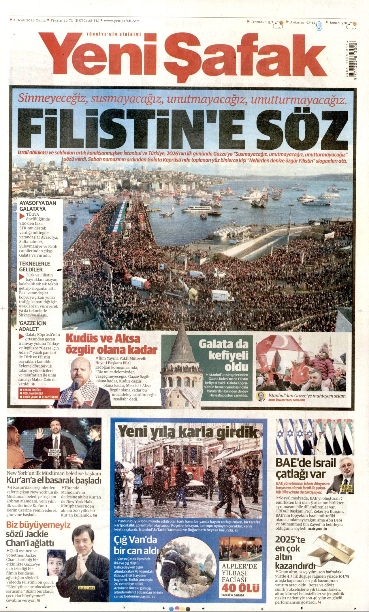 YENİ ŞAFAK gazetesinin 2 Ocak 2026 tarihli birinci sayfası