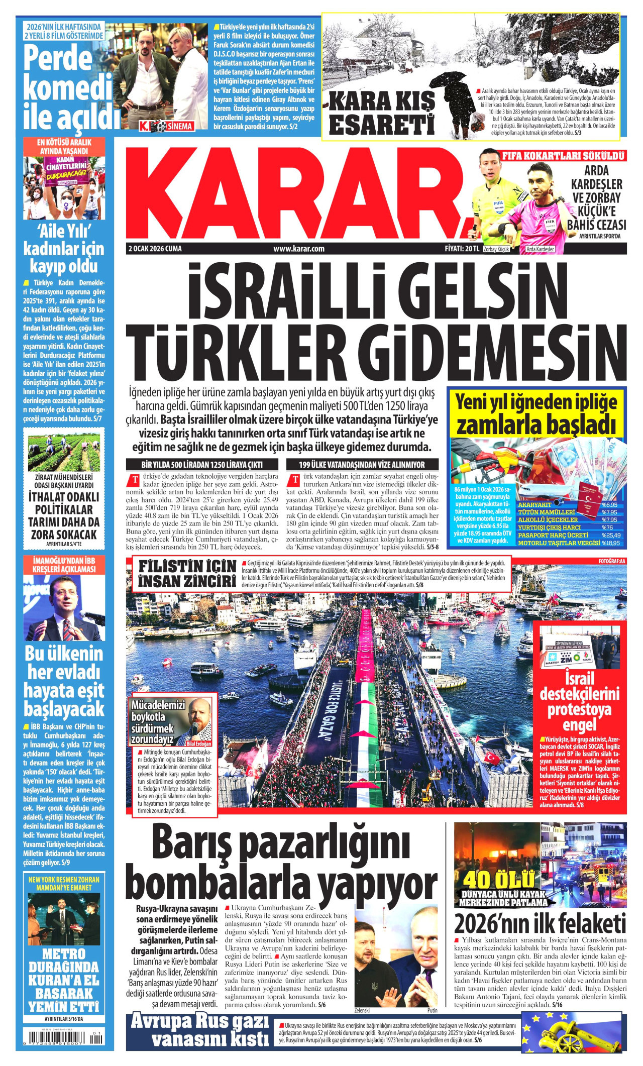 KARAR gazetesinin 2 Ocak 2026 tarihli birinci sayfası
