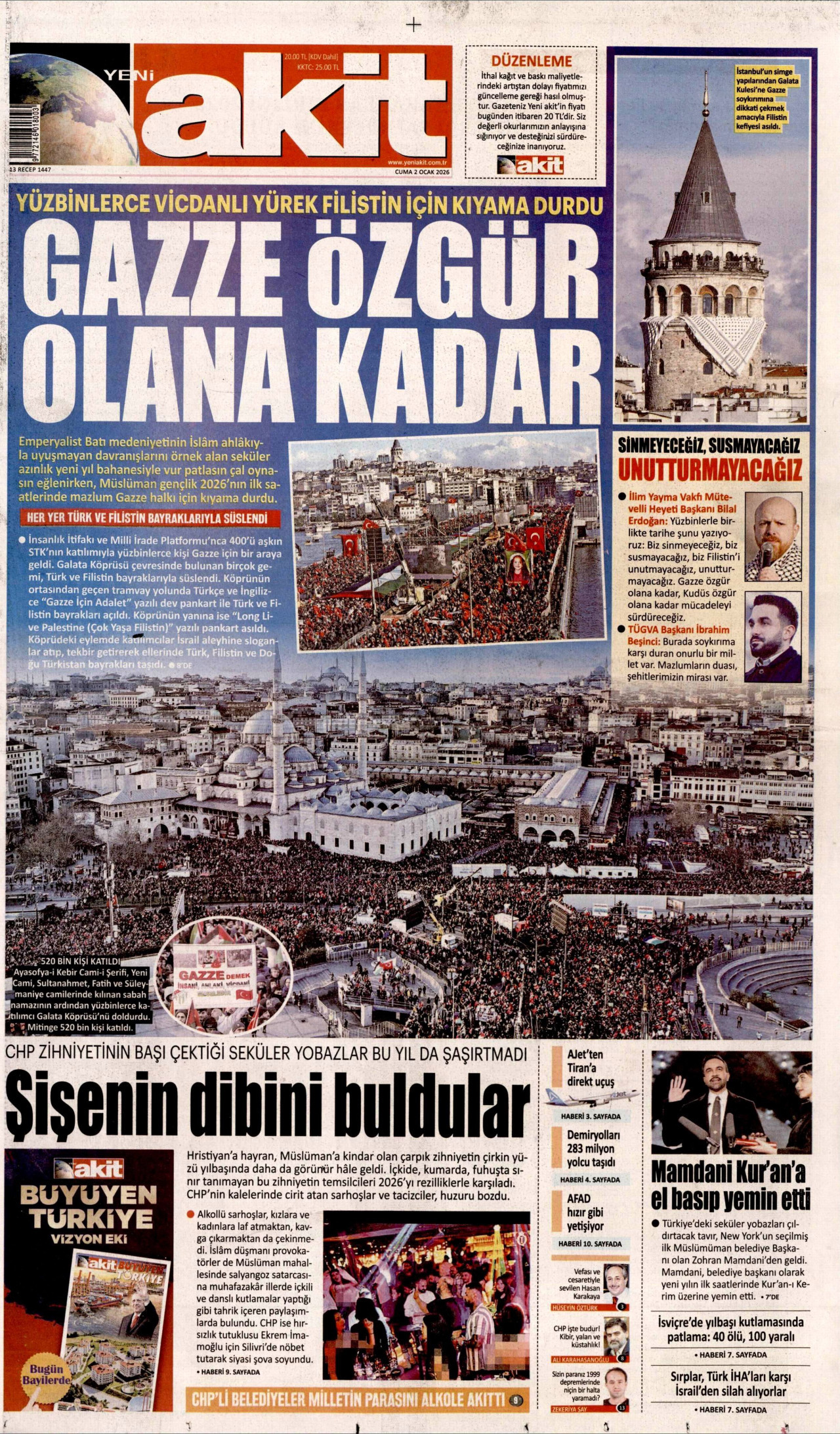 YENİ AKİT gazetesinin 2 Ocak 2026 tarihli birinci sayfası