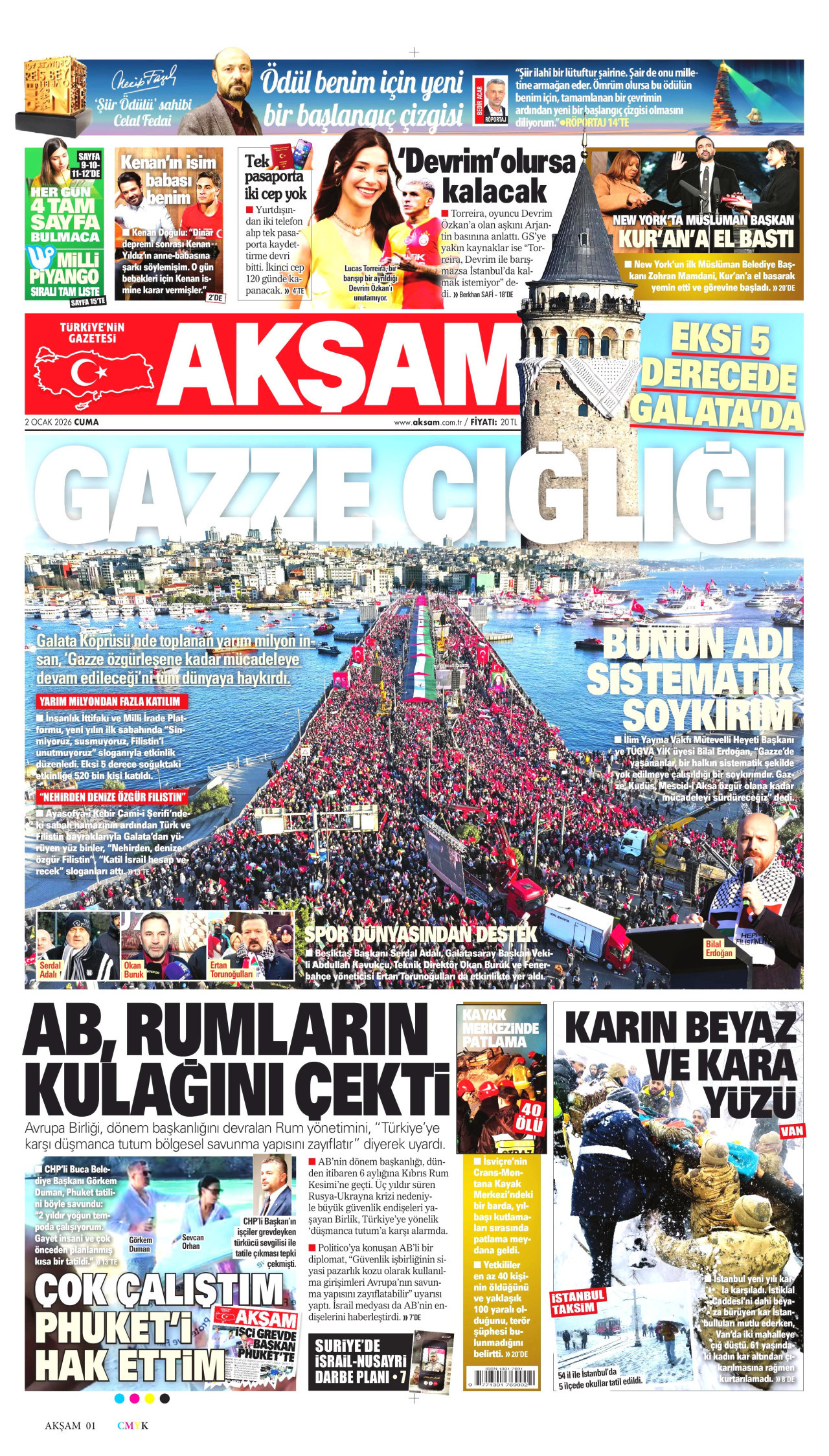 AKŞAM gazetesinin 2 Ocak 2026 tarihli birinci sayfası