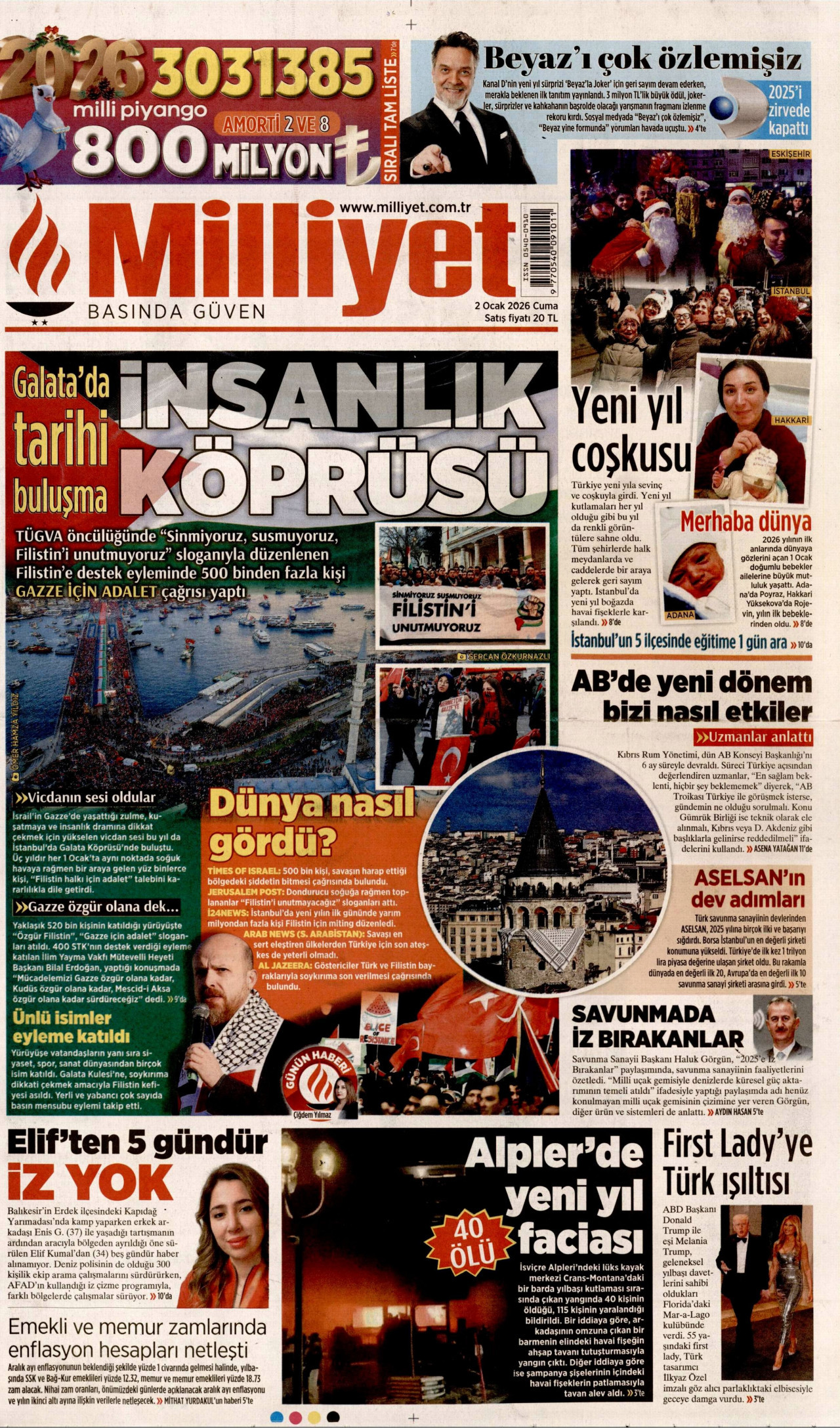 MİLLİYET gazetesinin 2 Ocak 2026 tarihli birinci sayfası