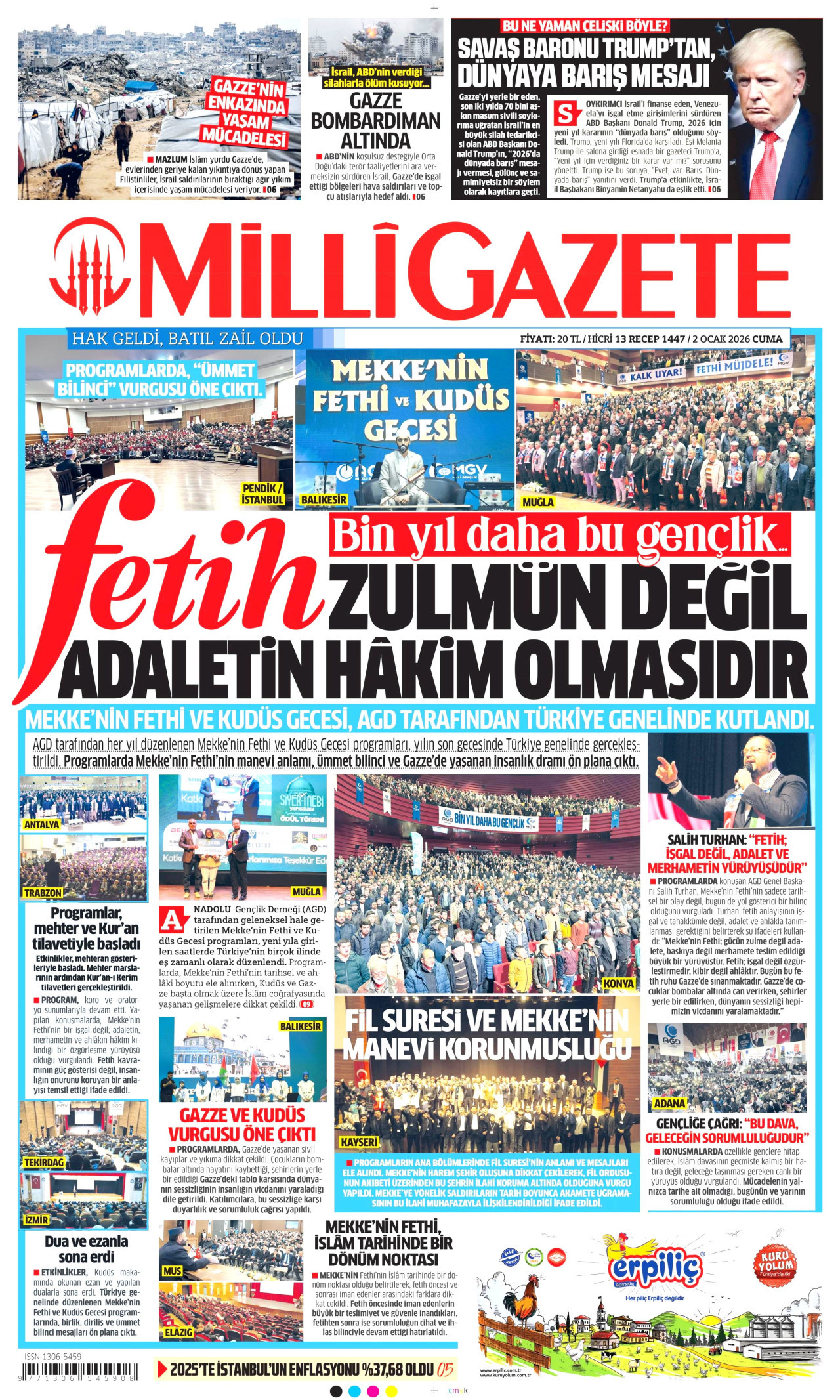 MİLLİ GAZETE gazetesinin 2 Ocak 2026 tarihli birinci sayfası