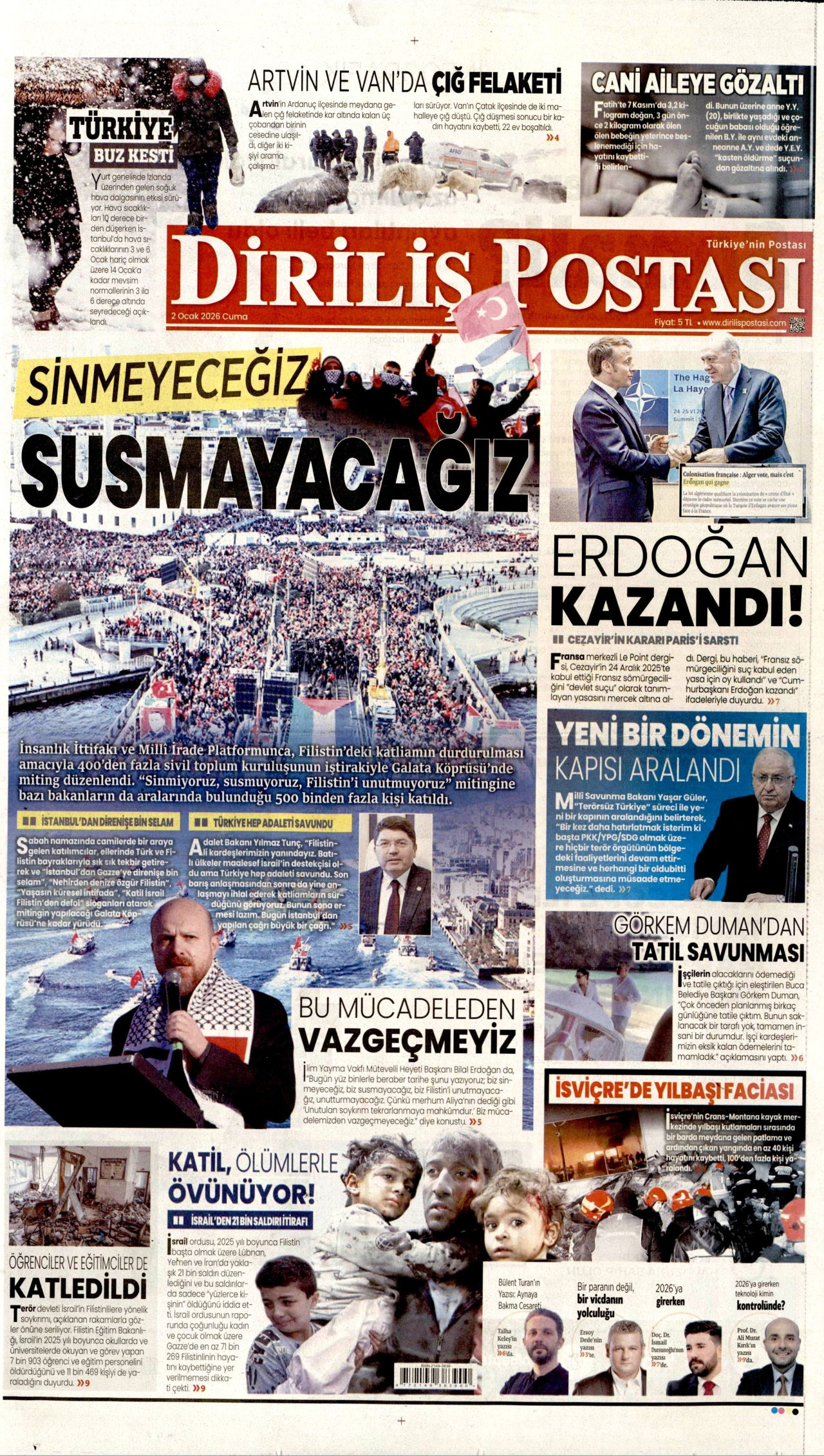DİRİLİŞ POSTASI gazetesinin 2 Ocak 2026 tarihli birinci sayfası