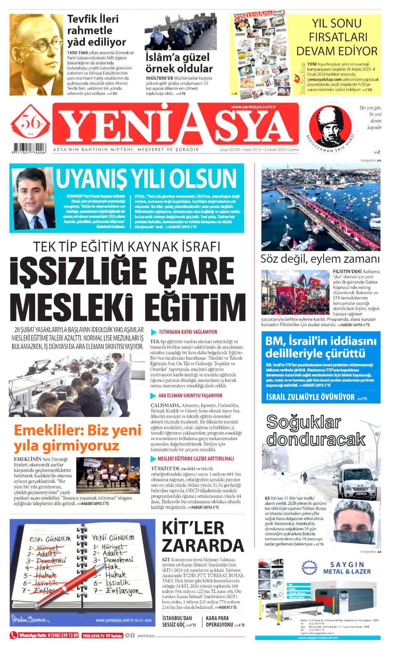 YENİ ASYA gazetesinin 2 Ocak 2026 tarihli birinci sayfası