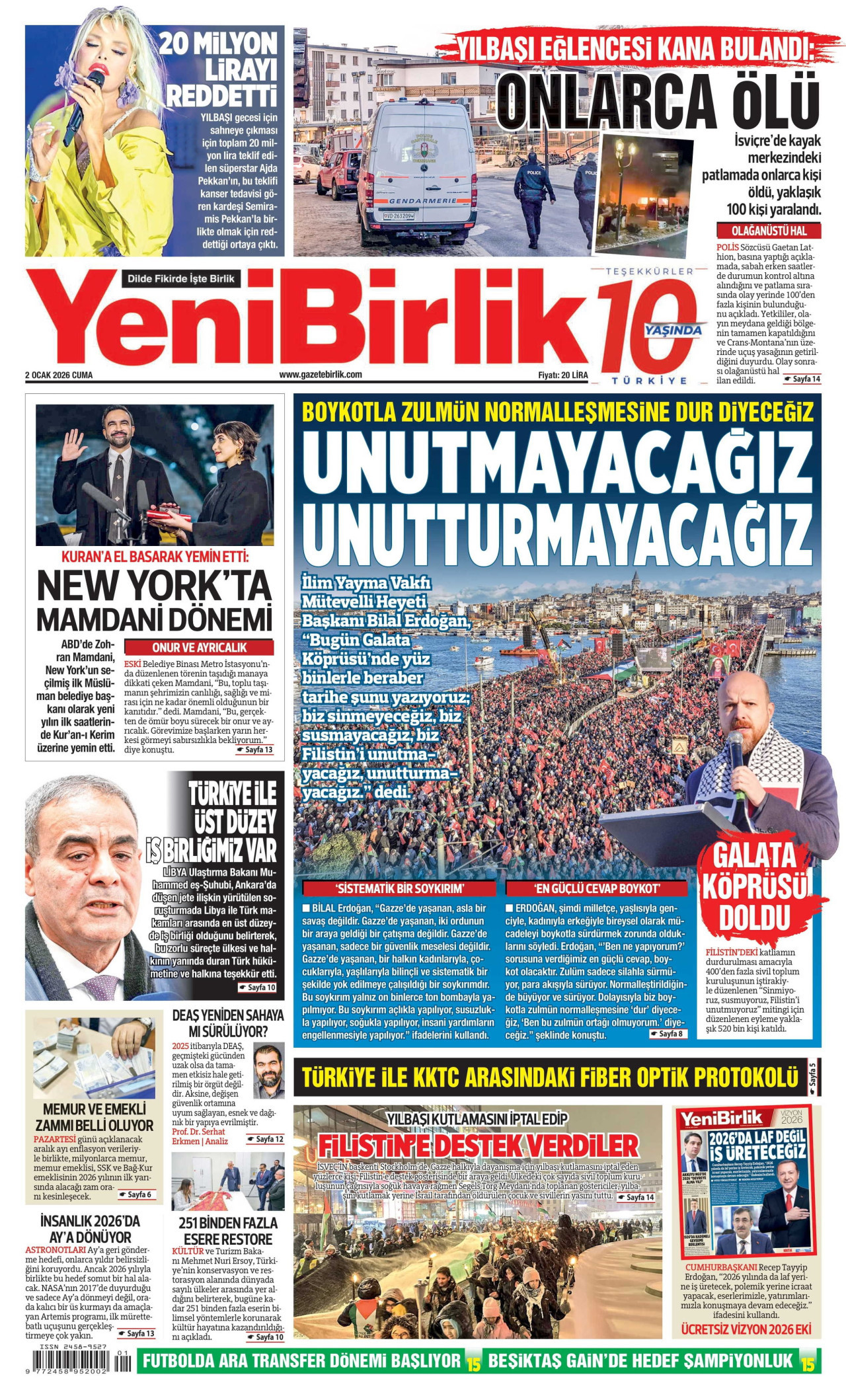 YENİBİRLİK gazetesinin 2 Ocak 2026 tarihli birinci sayfası