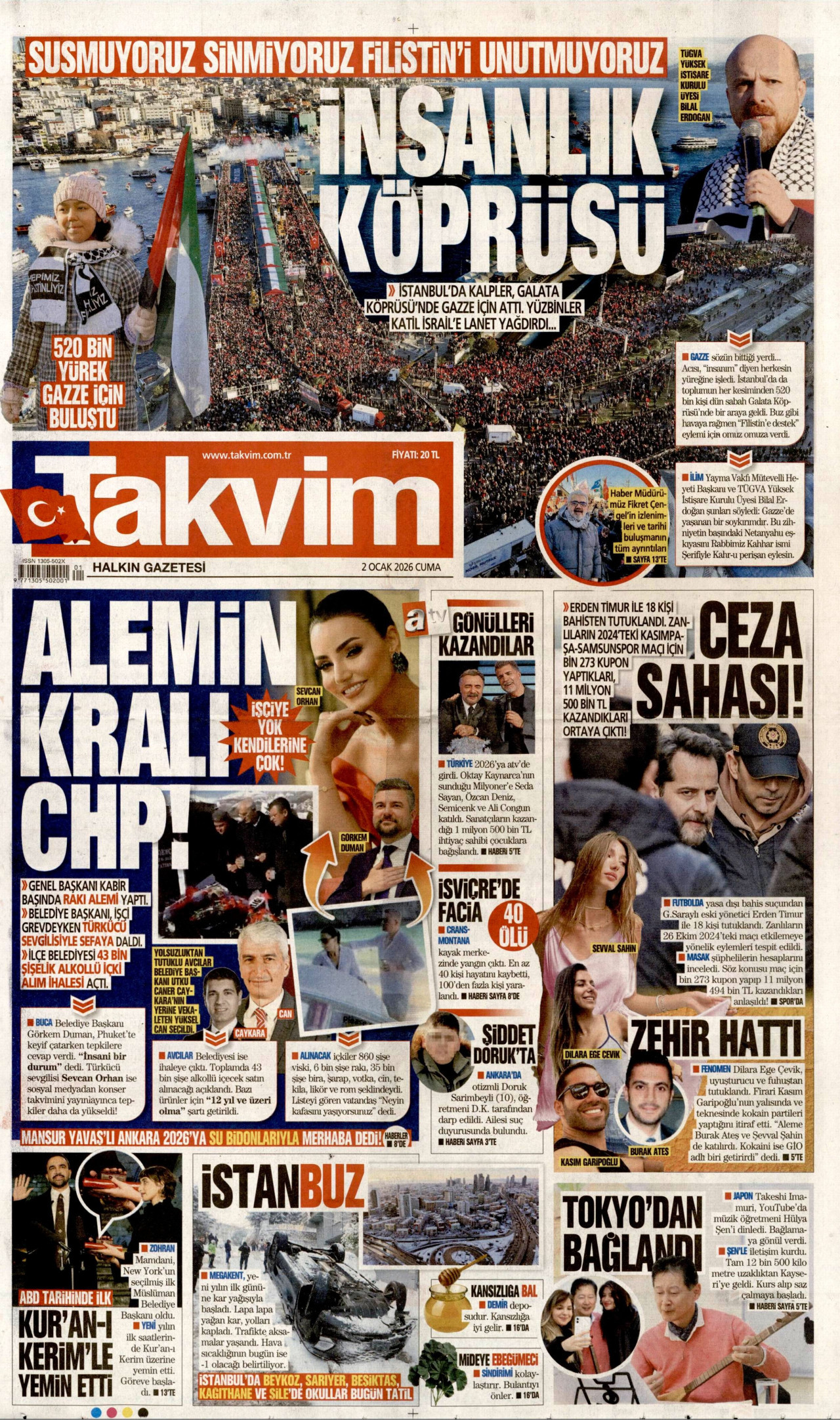 TAKVİM gazetesinin 2 Ocak 2026 tarihli birinci sayfası