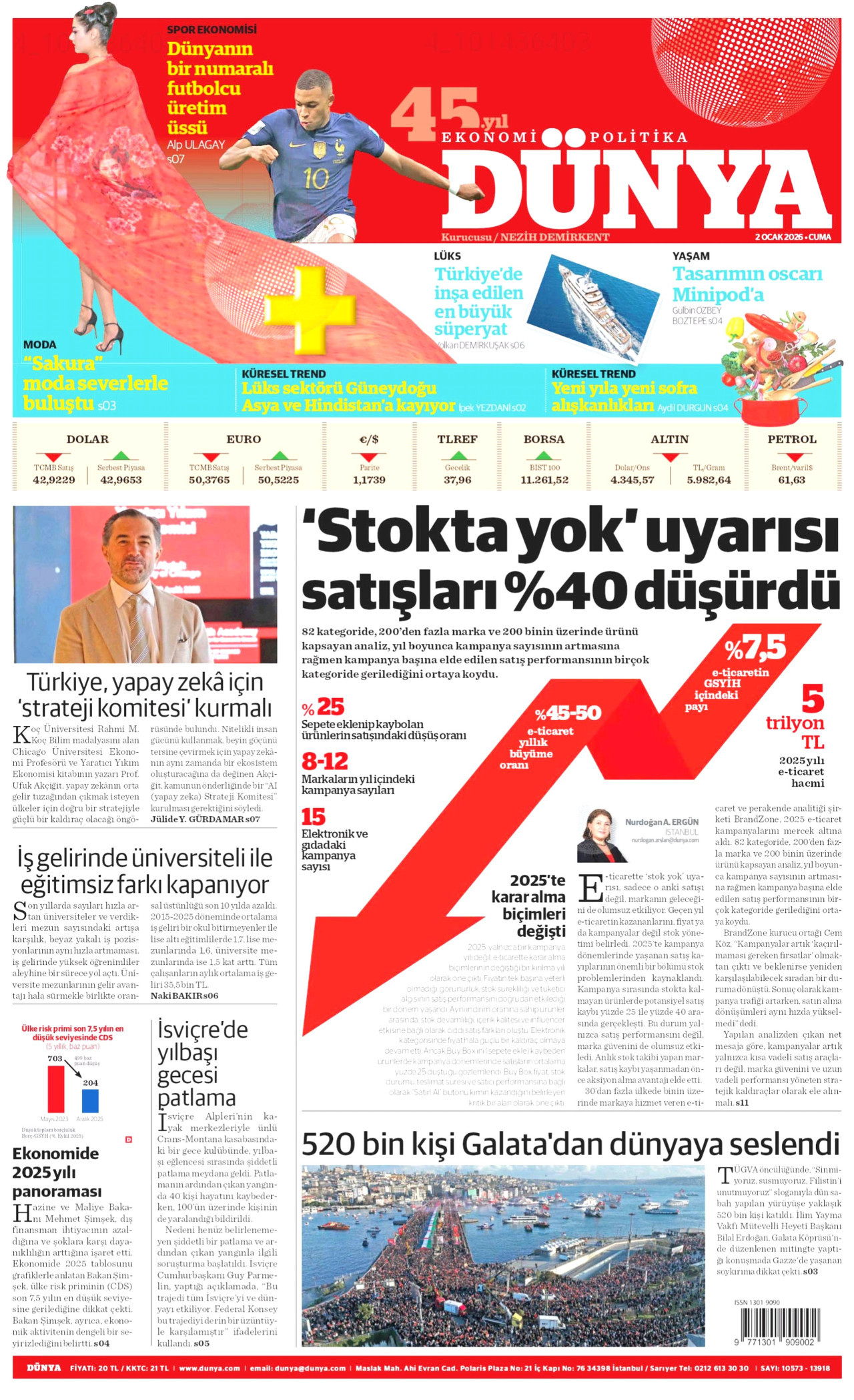 DÜNYA gazetesinin 2 Ocak 2026 tarihli birinci sayfası