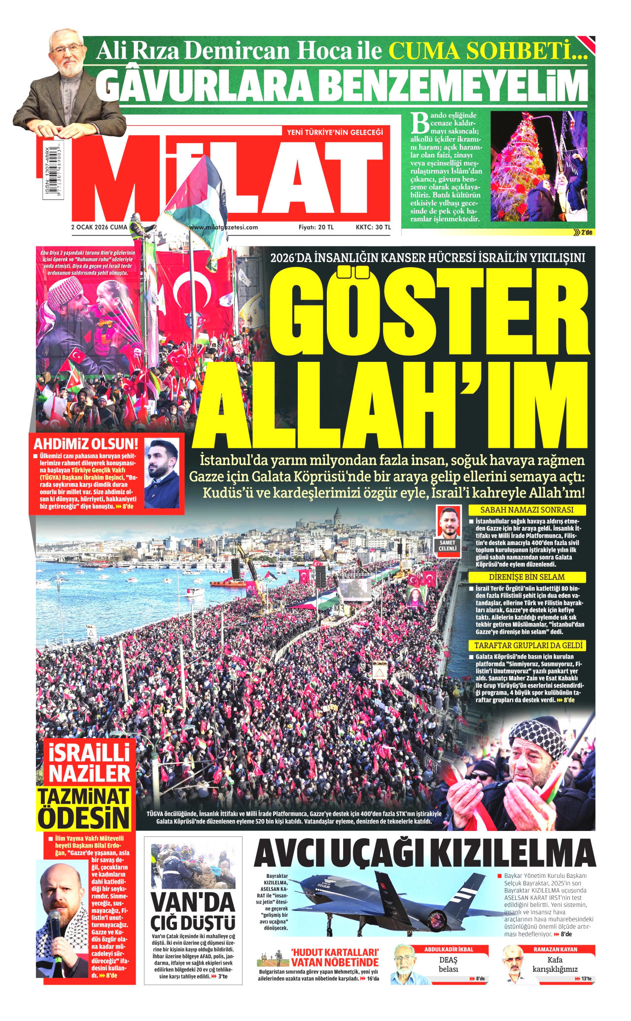 MİLAT gazetesinin 2 Ocak 2026 tarihli birinci sayfası