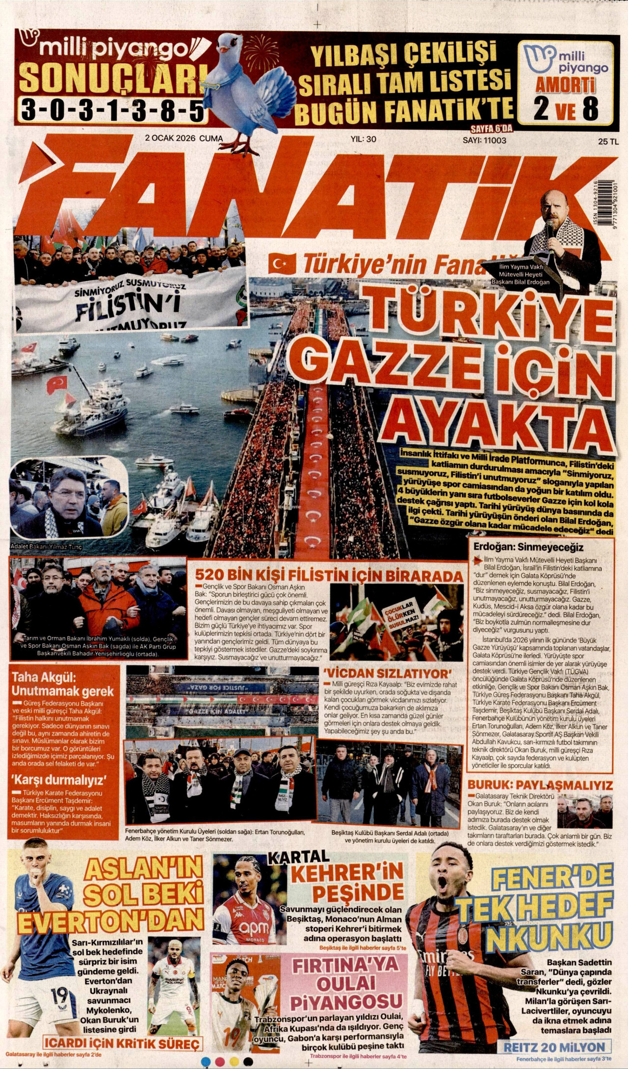 FANATİK gazetesinin 2 Ocak 2026 tarihli birinci sayfası