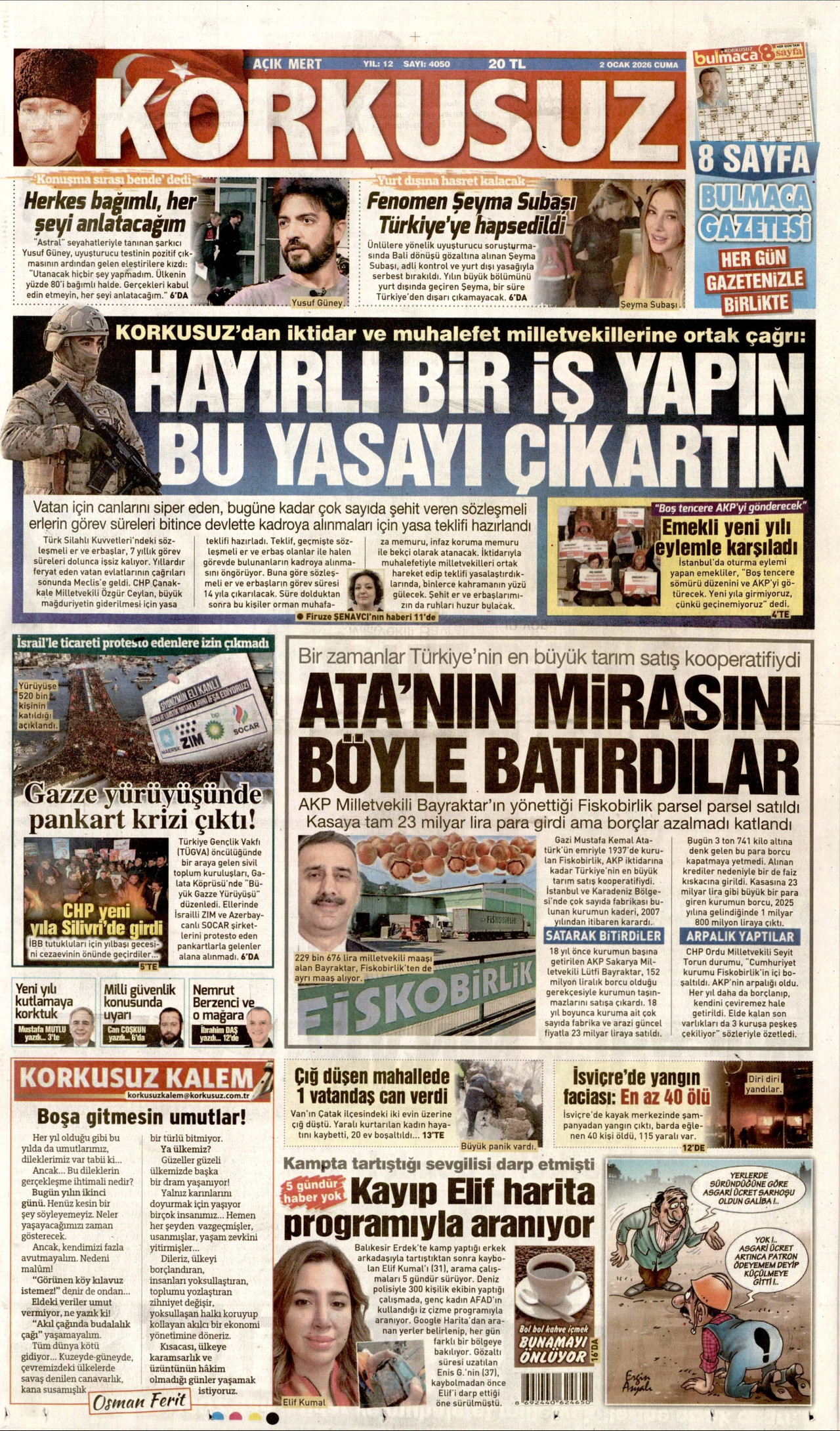 KORKUSUZ gazetesinin 2 Ocak 2026 tarihli birinci sayfası