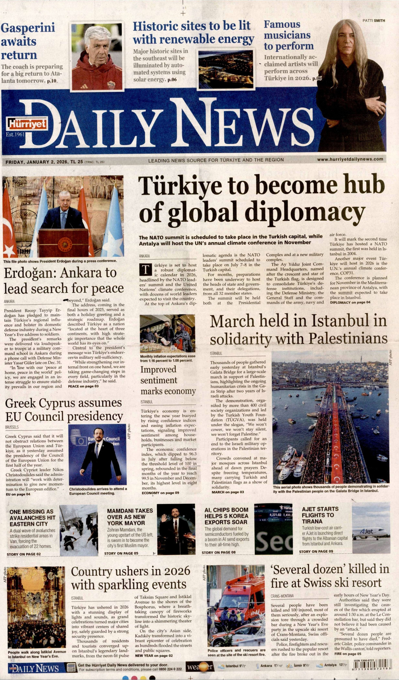 HÜRRİYET DAİLY NEWS gazetesinin 2 Ocak 2026 tarihli birinci sayfası
