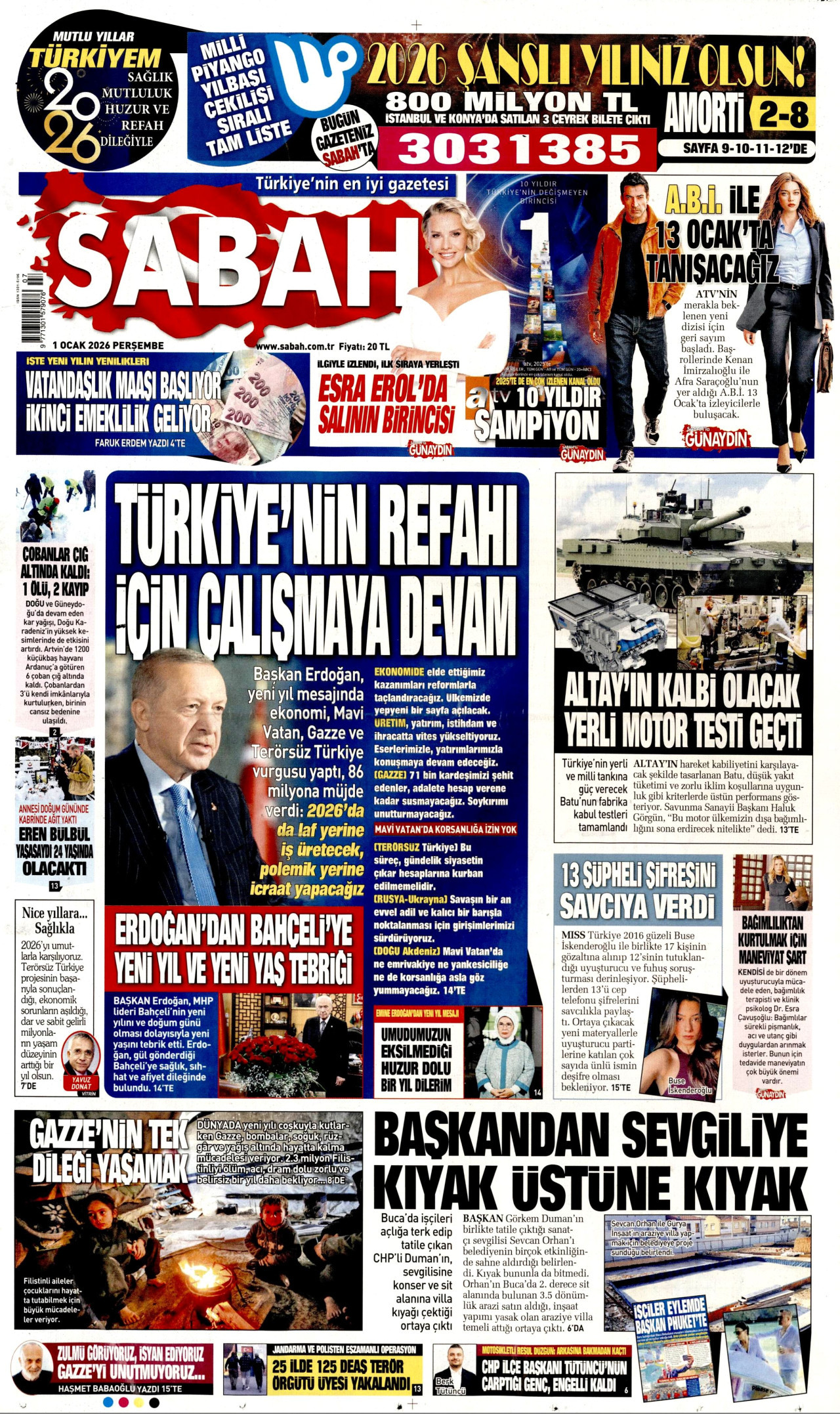 SABAH gazetesinin 1 Ocak 2026 tarihli birinci sayfası