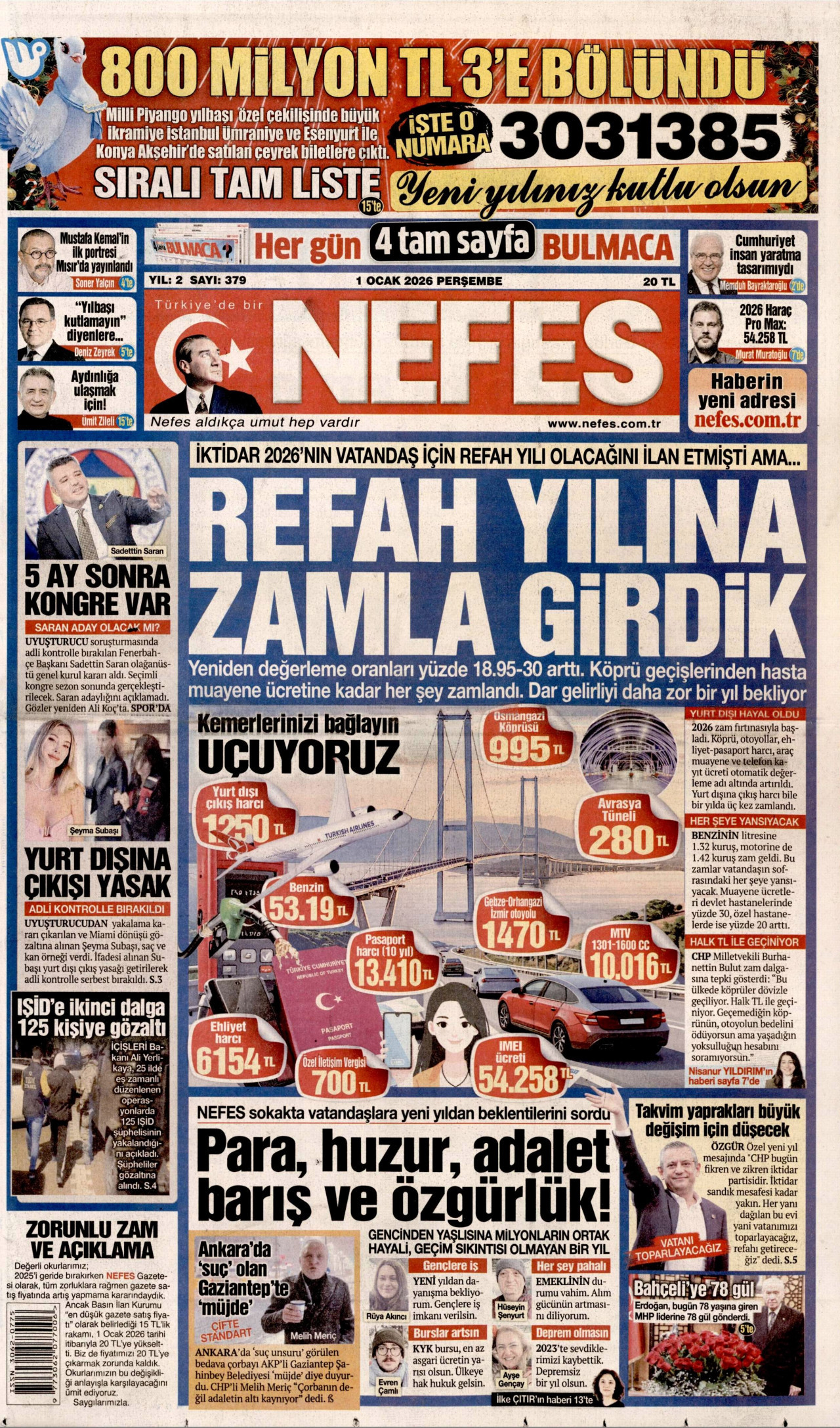 NEFES gazetesinin 1 Ocak 2026 tarihli birinci sayfası